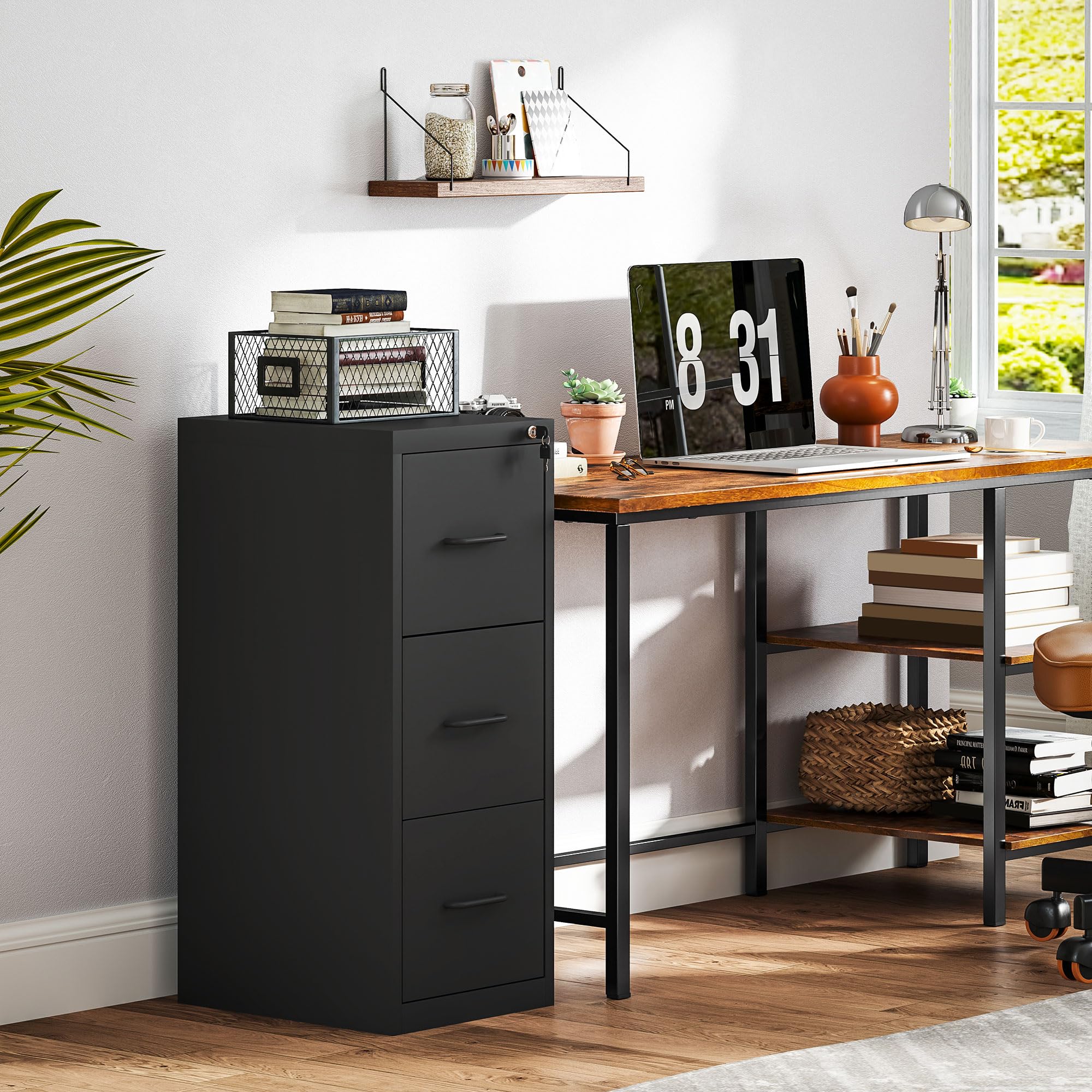 HOMCOM Schedario da Ufficio a 3 Cassetti con Barra Regolabile, Cassettiera in Acciaio per Documenti, Perfetto per Ufficio, Casa e Studio, 36.5x46.2x99 cm, Nero