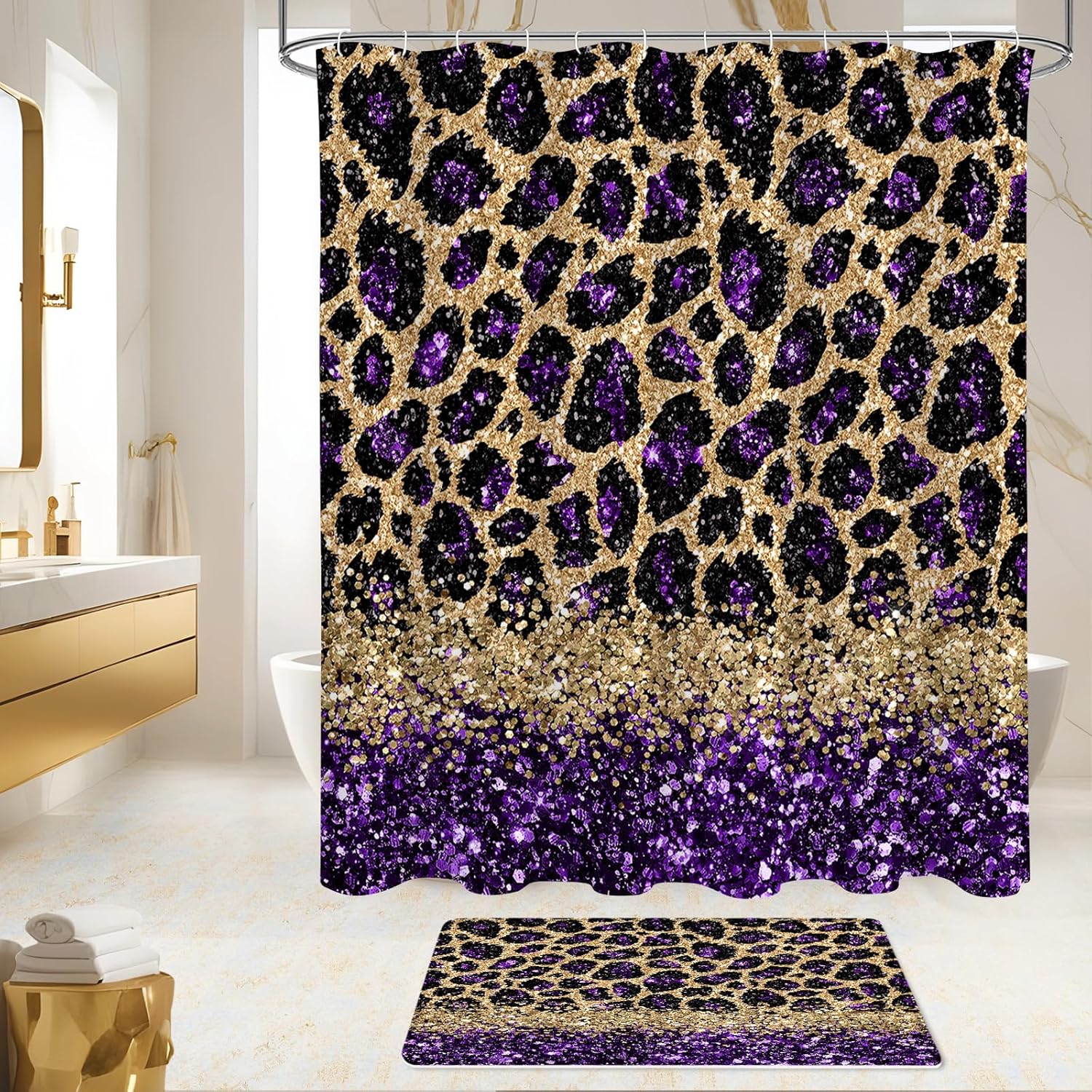 Litabel 4 Pcs Purple Leopard Print Shower Curtain Set with Non-Slip Rugs, Toilet Lid Cover and Bath Mat, Wild Animal Skin Bathroom Decor Set with Shower Curtain and Rugs(Hooks Not Included)