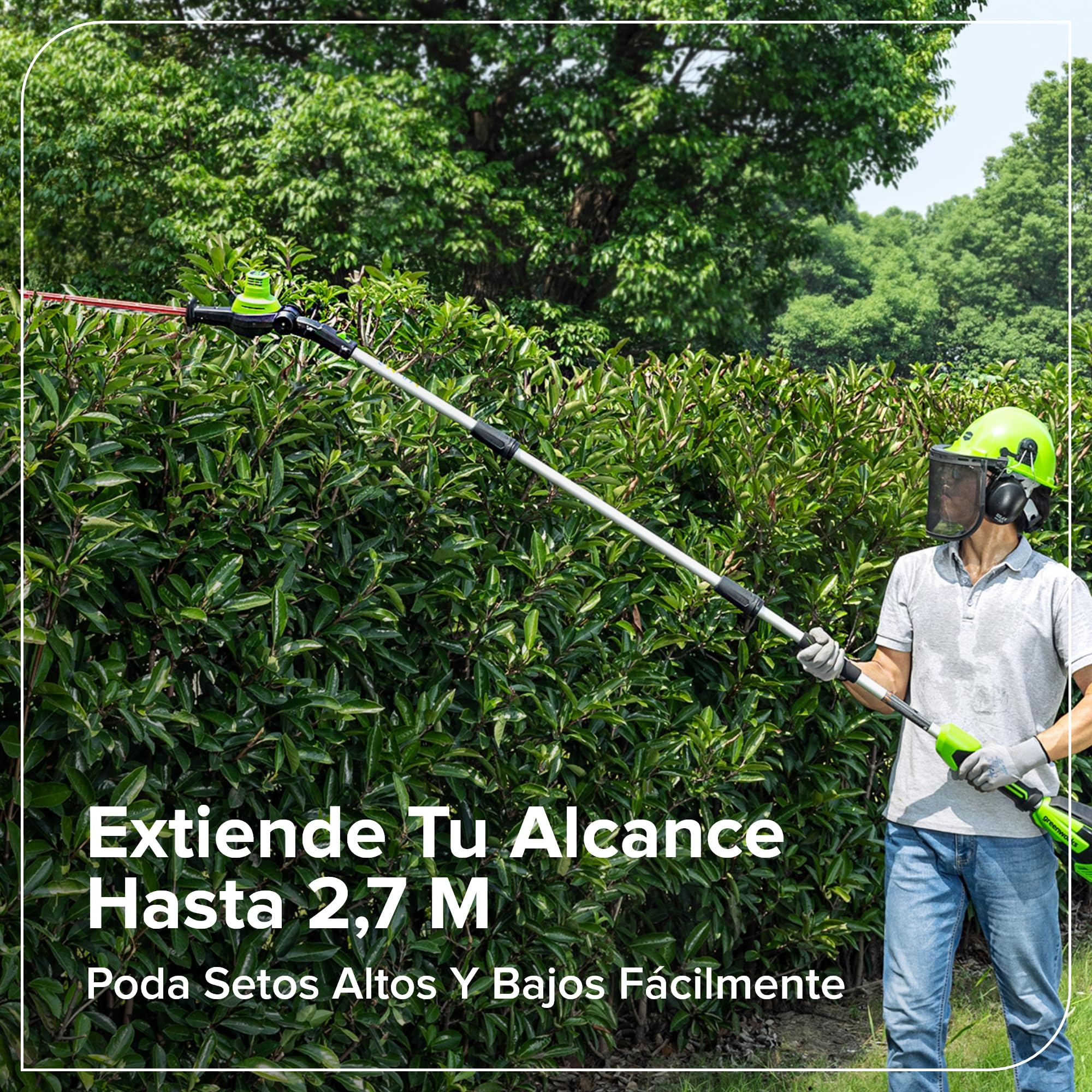 Greenworks Cortasetos + Sierra telescópica 2-en-1 24V con batería 4,0Ah & Cargador USB-C 65W, Motor brushless, Hoja 51 cm, Sierra 20 cm, Cabeza giratoria 112,5°, pértiga 3 Piezas CKPH321A2