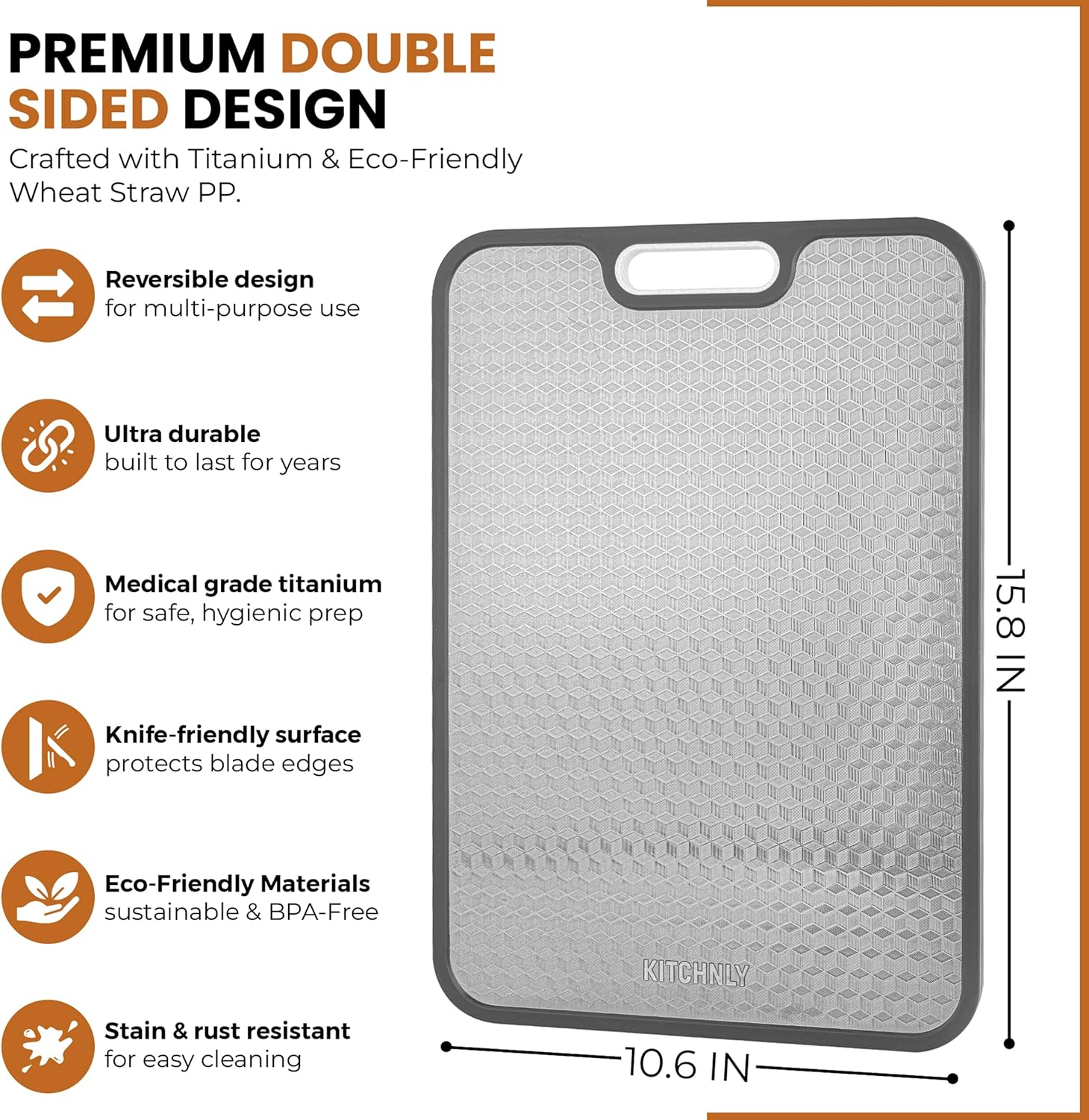 2 in 1 Titanium Cutting Board for Kitchen – Large 16" x 11"- 100% Pure Titanium & Wheat Straw PP Double Sided Chopping Board - Hygienic, Non-Toxic, Food grade, Non Slip, Textured Surface - Image 4