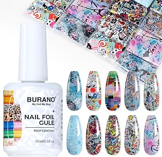 BURANO Nail Art Nail Foil Glue Gel, o.5 oz with 10PCS Foil Stickers Set Nail Foil Glue for Nails Foil Transfer Gel, Nail Design DIY UV LED Lamp Required (Design Foil 17)