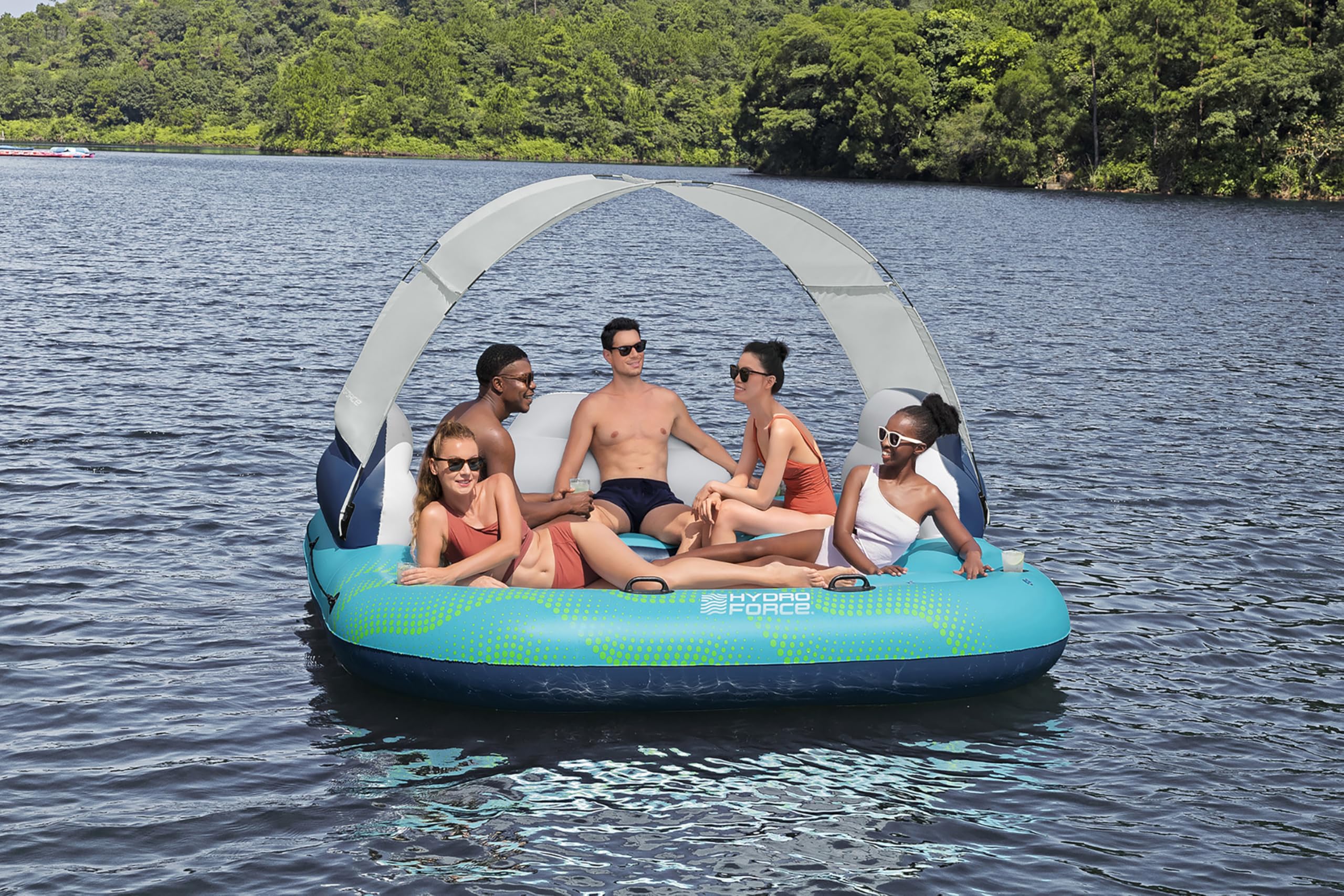 Bestway Hydro Force Badeinsel für 5 Personen 280x257x81 cm – XXL Sonnenlounge aufblasbar mit Sonnendach & Getränkehalter, Schwimminsel für Pool & See, belastbar bis 500 kg