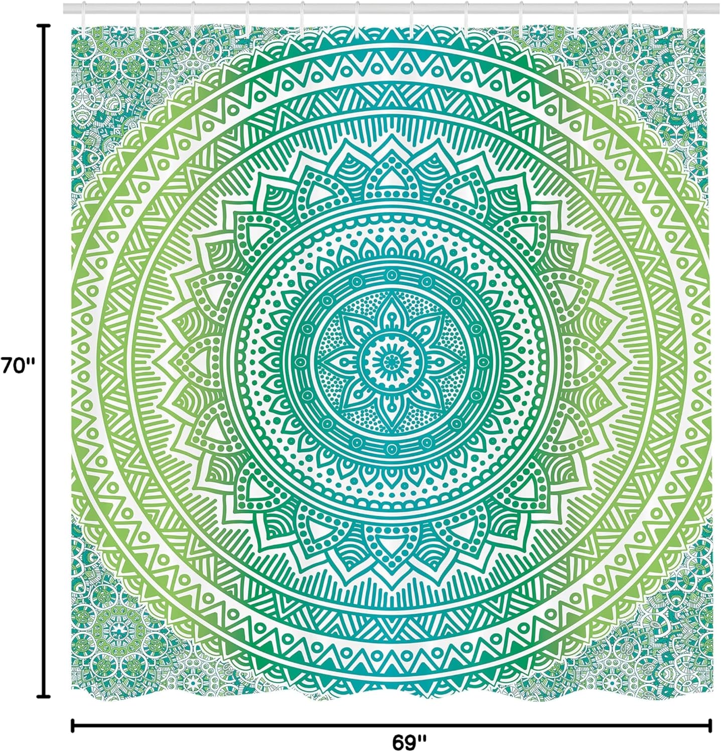 Ambesonne Teal and Lime Shower Curtain, Ombre Mandala Pattern with Flower and Petals Hippie Style Art, Cloth Fabric Bathroom Decor Set with Hooks, 69" W x 70" L, Teal Lime and White