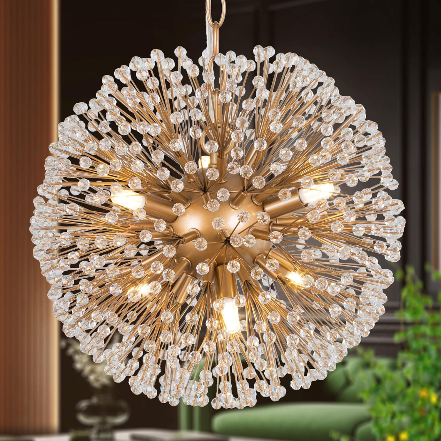 Durent Lighting Modern Globe Chandelier, 6-Light Gold Dandelion Crystal Chandelier Light Fixture, Firework Sputnik Pendant Lighting for Bedroom Living Room Kitchen Dining Room Restaurant Foyer, 14”D