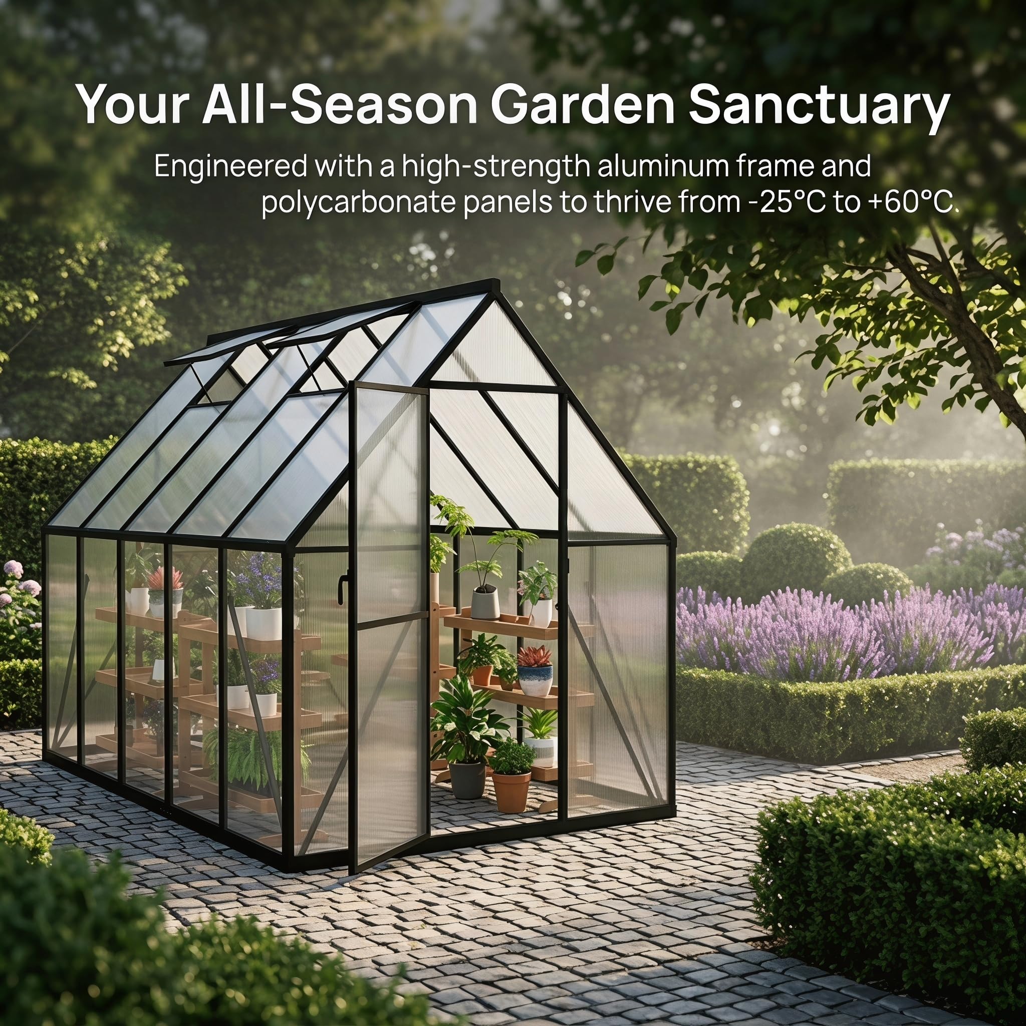 YRHome Aluminium Gewächshaus 249,5x379,5x204,5cm, 5.2mm Polycarbonat Hohlkammerplatten, Schwarz, Gartengewächshaus Wetterfest Winterfest Garten Treibhaus Gartengewächshaus Schwarz