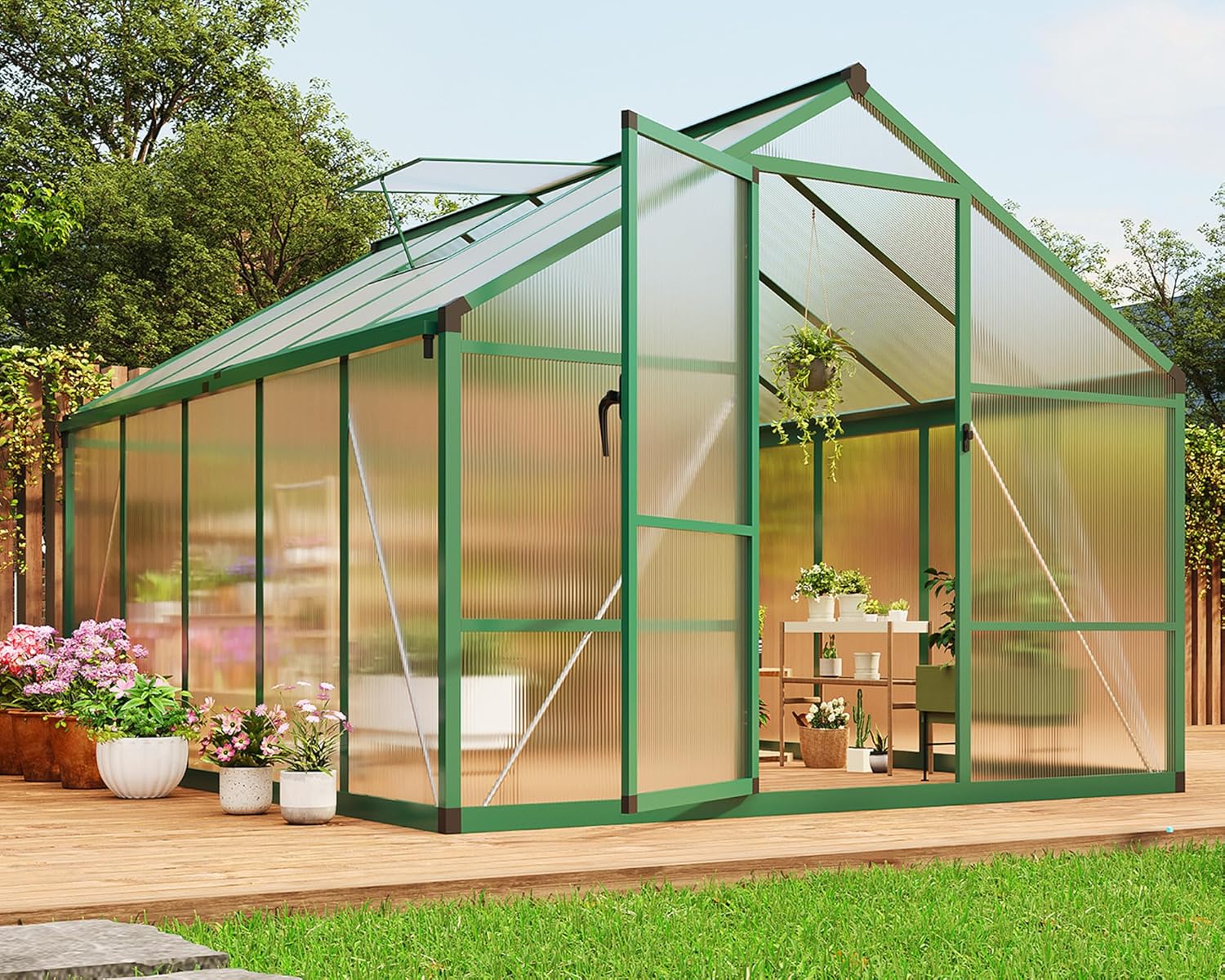 8 x 10 ft Greenhouse, Greenhouses for Outside, Polycarbonate Greenhouse with Aluminum Frame, Lockable Door and Ajustable Roof Vent for Backyard, Green Houses for Outside Garden Backyard, Patio