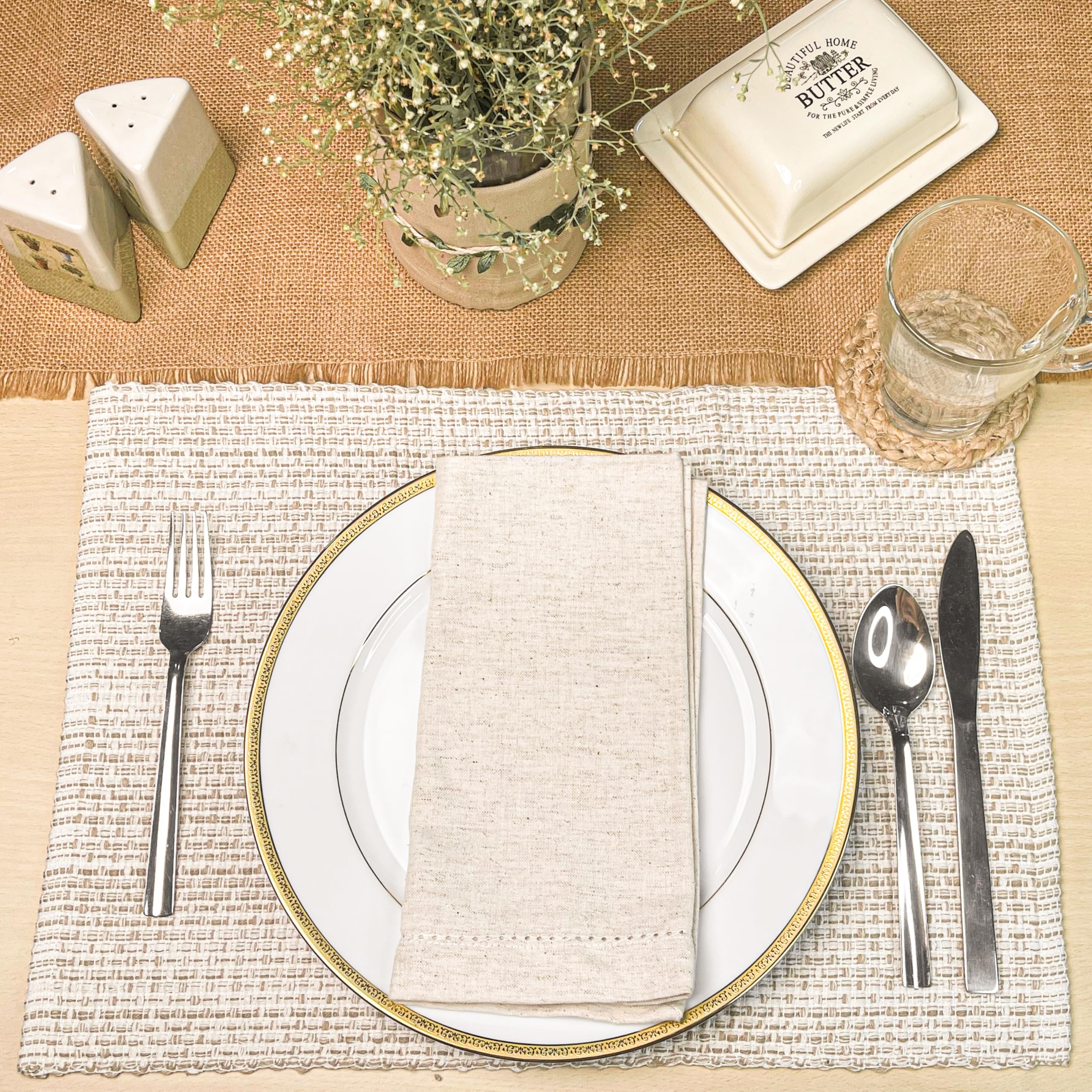 Chardin Home Juego de 4 manteles individuales 100% algodón reciclado, color marfil/beige, 13 x 19 pulgadas, tela tejida de dos tonos, ideal para uso diario, fiestas, cenas de vacaciones, juego de