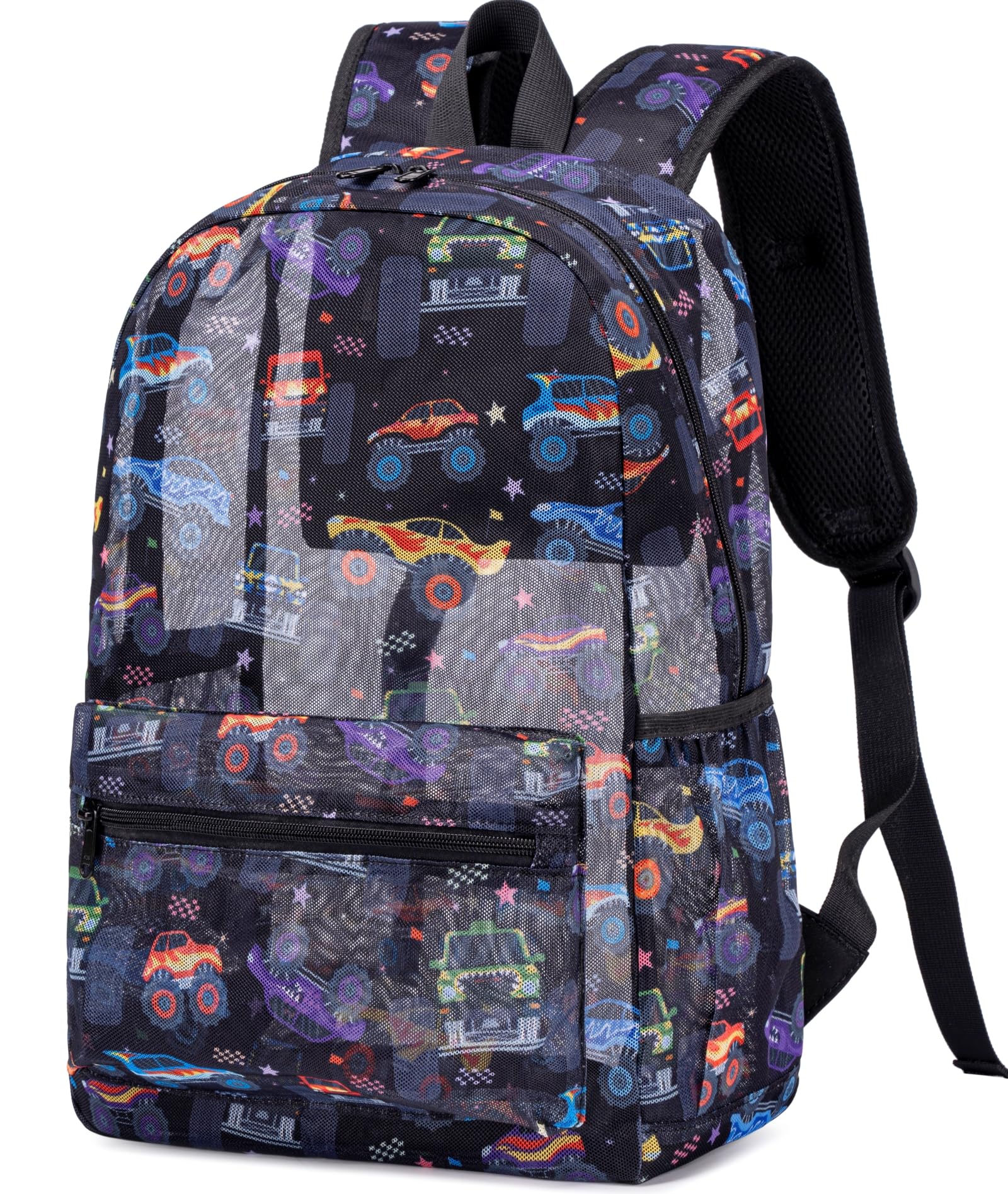 CAMTOP Mesh Backpack Kids Boys Girls Bookbag See Through Preschool Backpacks Casual Daypack for School Beach Travel Sport (Black-Vehicle)