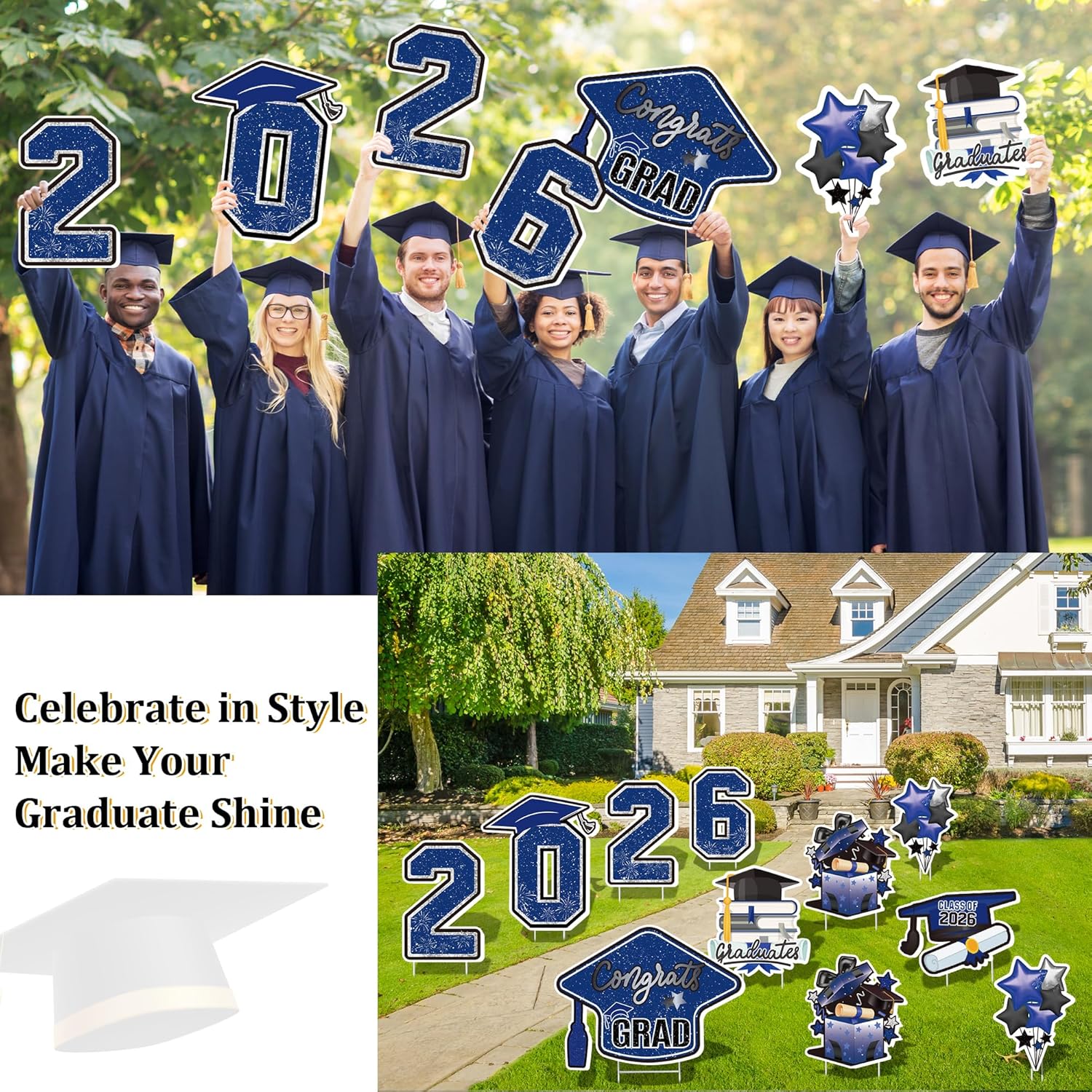 Large 11 PCS Graduation Yard Signs, Class of 2026 Congrats Grad Outdoor Lawn Yard Sign with Stakes, Graduate Yard Decorations for College High School Party, Black and Blue