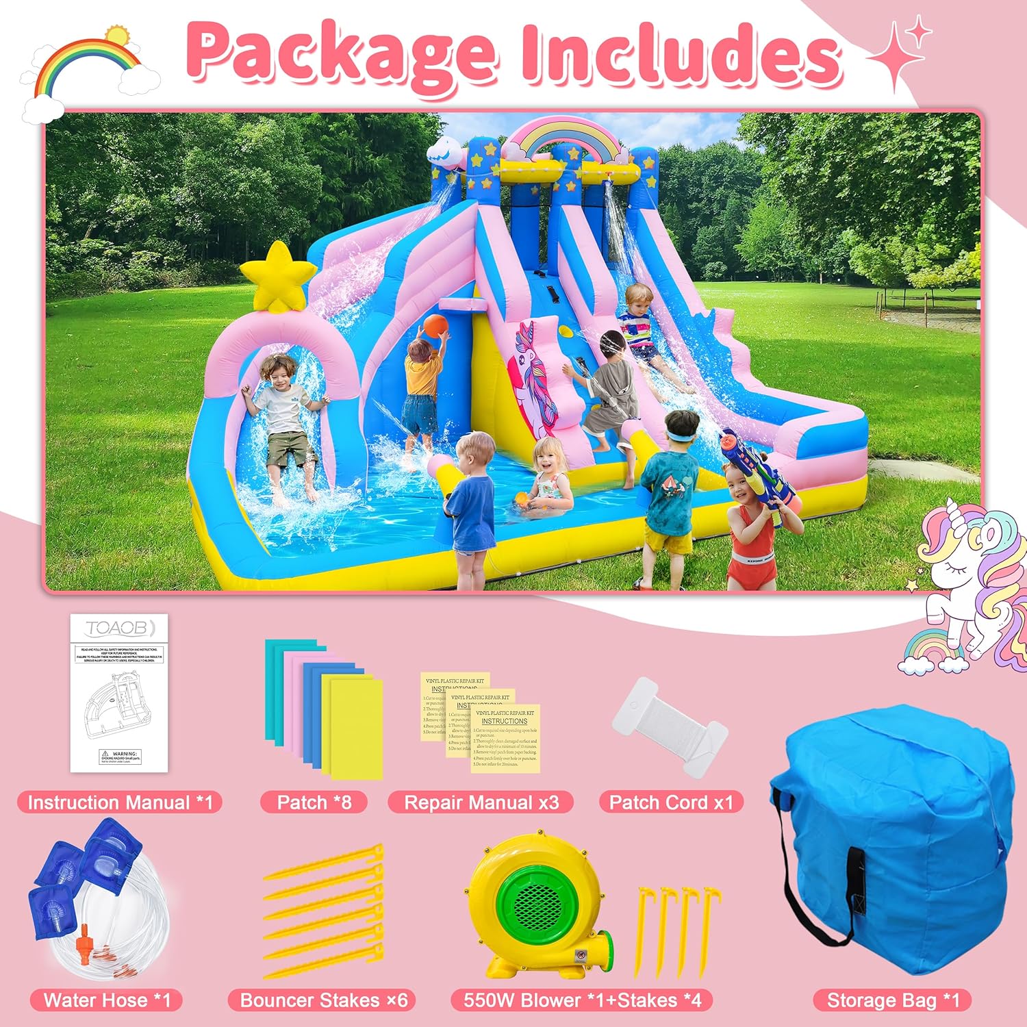 Culaluva Inflatable Water Slide: 6 in 1 Blow Up Bounce House for Kids 3-12 - Climbing Wall Splash Pool Cannon 2 Slides Basketball Rim - 550W Blower - for Backyard Outdoor Birthday