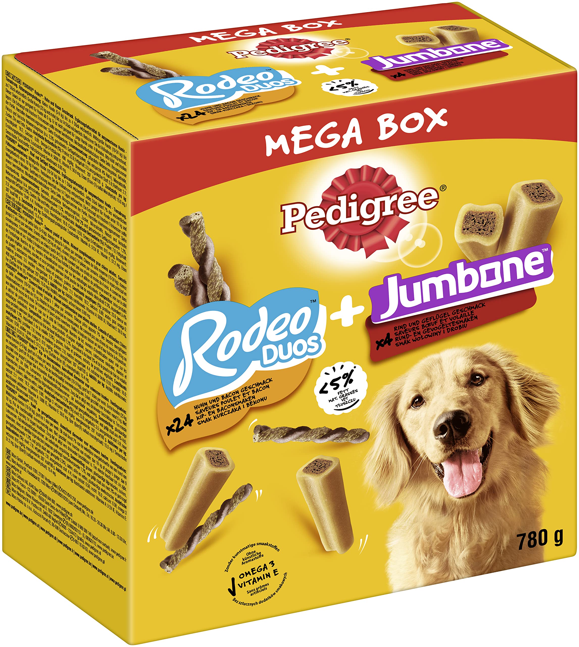 PEDIGREE Multipack 780g - Dog Treats 24x Rodeo Duos Chicken & Bacon & 4x Jumbone Beef & Poultry - Mega Box