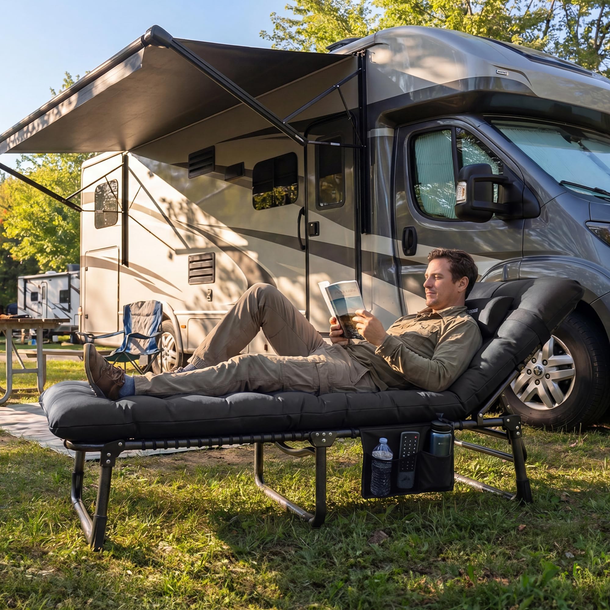 UDPATIO Camping Betten Feldbetten Klappbar, Liegestuhl Mit Auflage Polster, Gartenliege mit Verstellbarer Rückenlehne, Strandliege Campingliege für Outdoor Camping Schwarz
