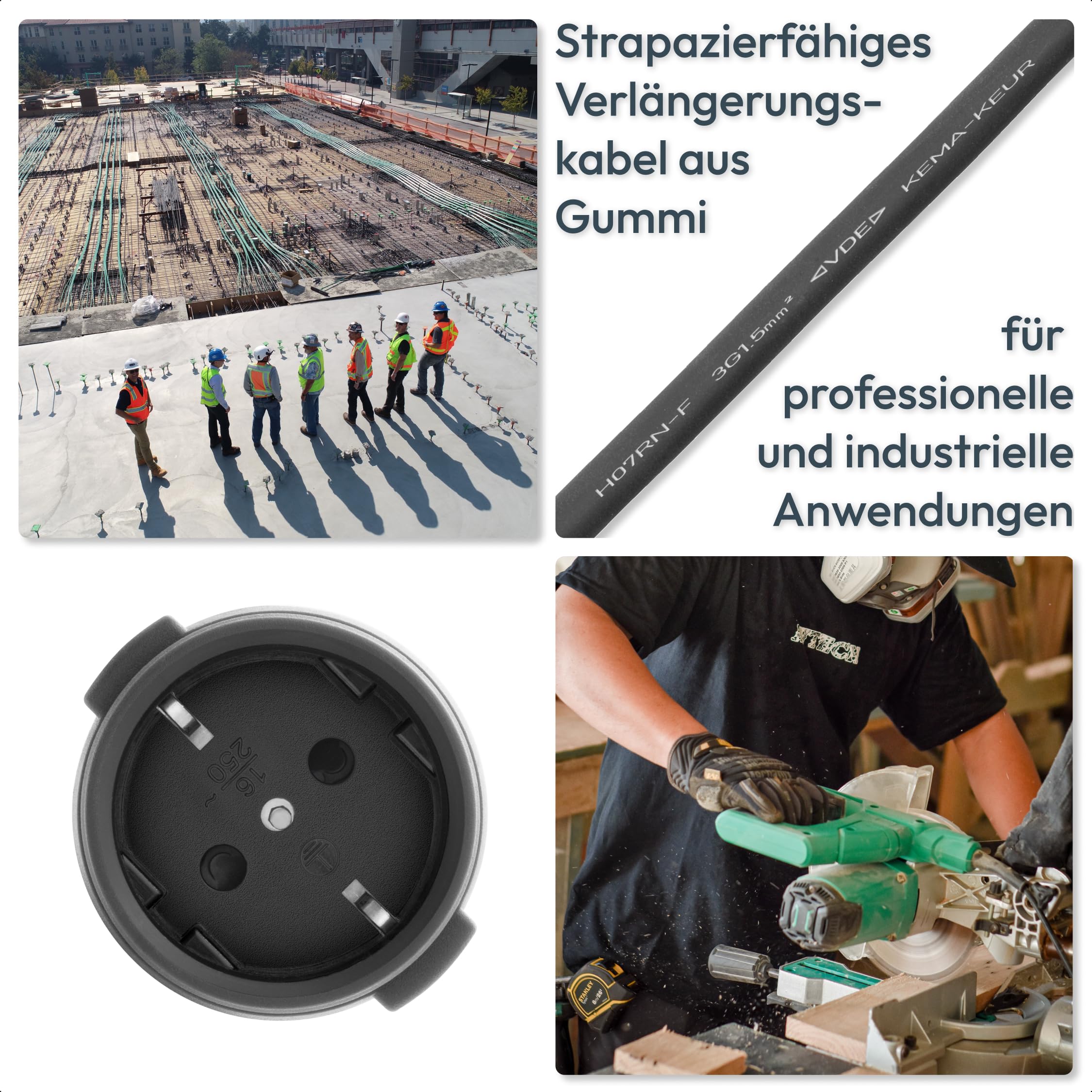 15m Gummi-Verlängerungskabel H07RN-F 3G1,5mm² für Garten, Baustelle, Werkstatt, Industrie, dauerhaften Einsatz im Außenbereich und Starke mechanische Beanspruchung, IP44, schwarz