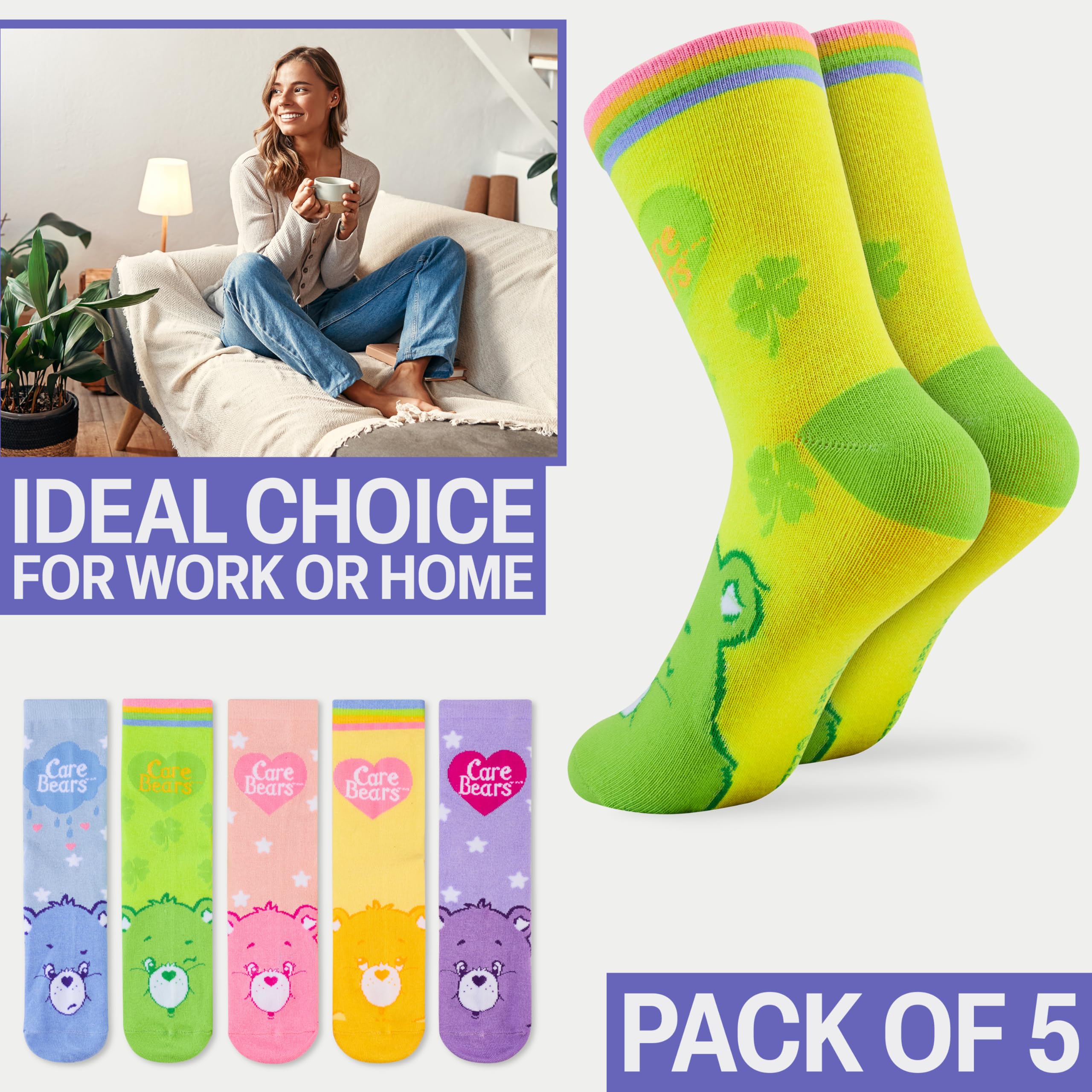 Get Trend Care Bears Calcetines Mujer y Adolescente, Paquete de 6 Calcetines Transpirables y Cálido, 36-41, Regalo Mujer