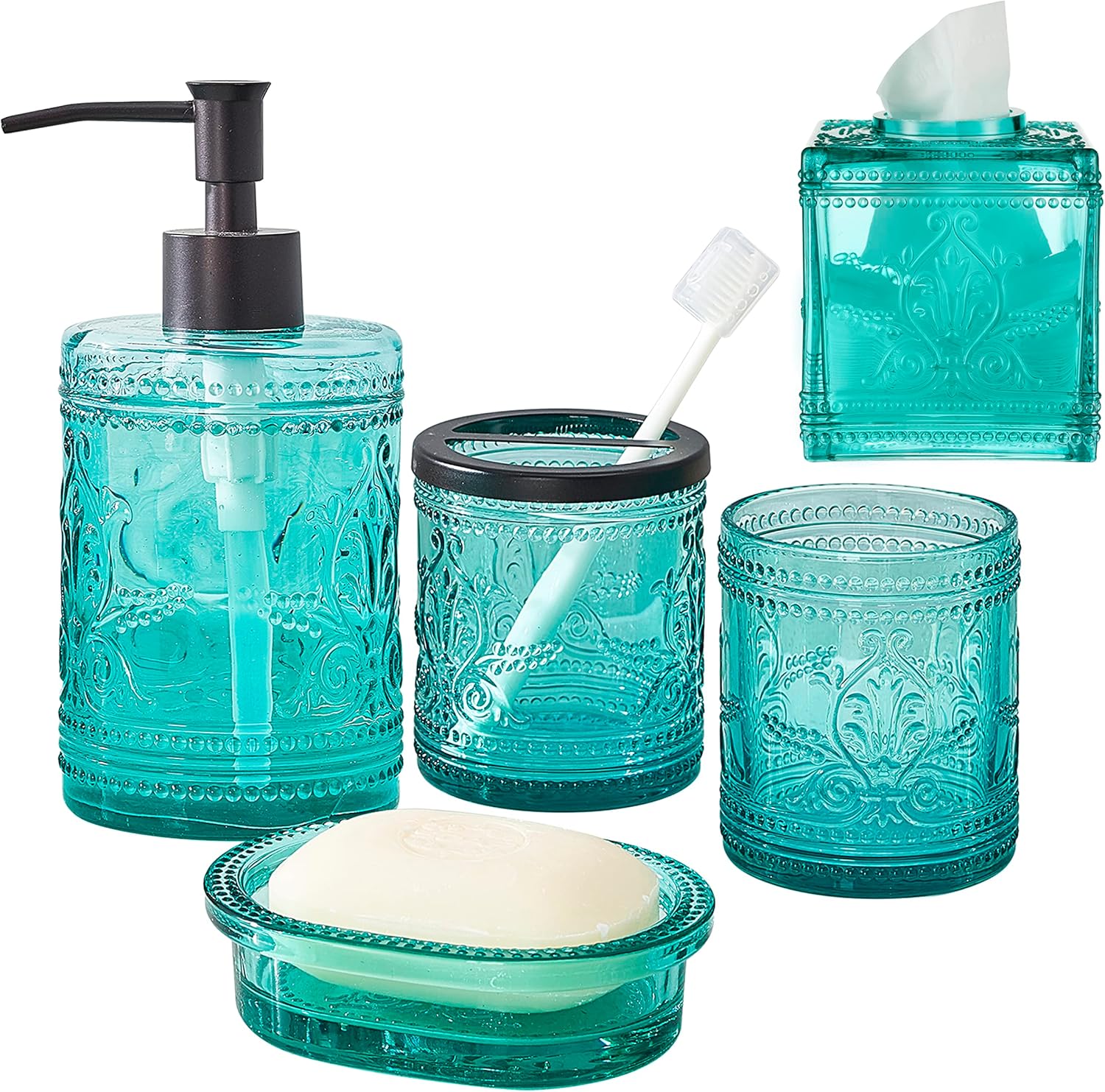 5PCs Teal Blue Glass Bathroom Accessories Set with