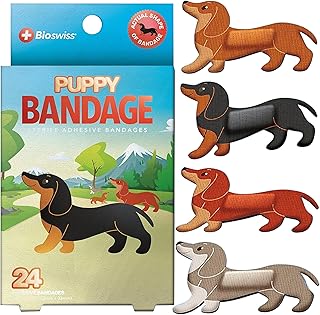 BioSwiss Kids Bandages, Weiner Dog Shaped Self Adhesive Bandage Set, Latex Free, Sterile Wound Care, 24 Count