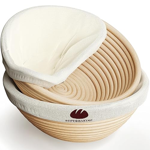 Superbaking Banneton Bread Proofing Basket, Sourdough Bread Baking Supplies, Set Of 2 Round 9 Inch, Proofing Basket for Baking, Bread Making Supplies Tools, Banneton Basket Gift Set - Set Of 2 Round