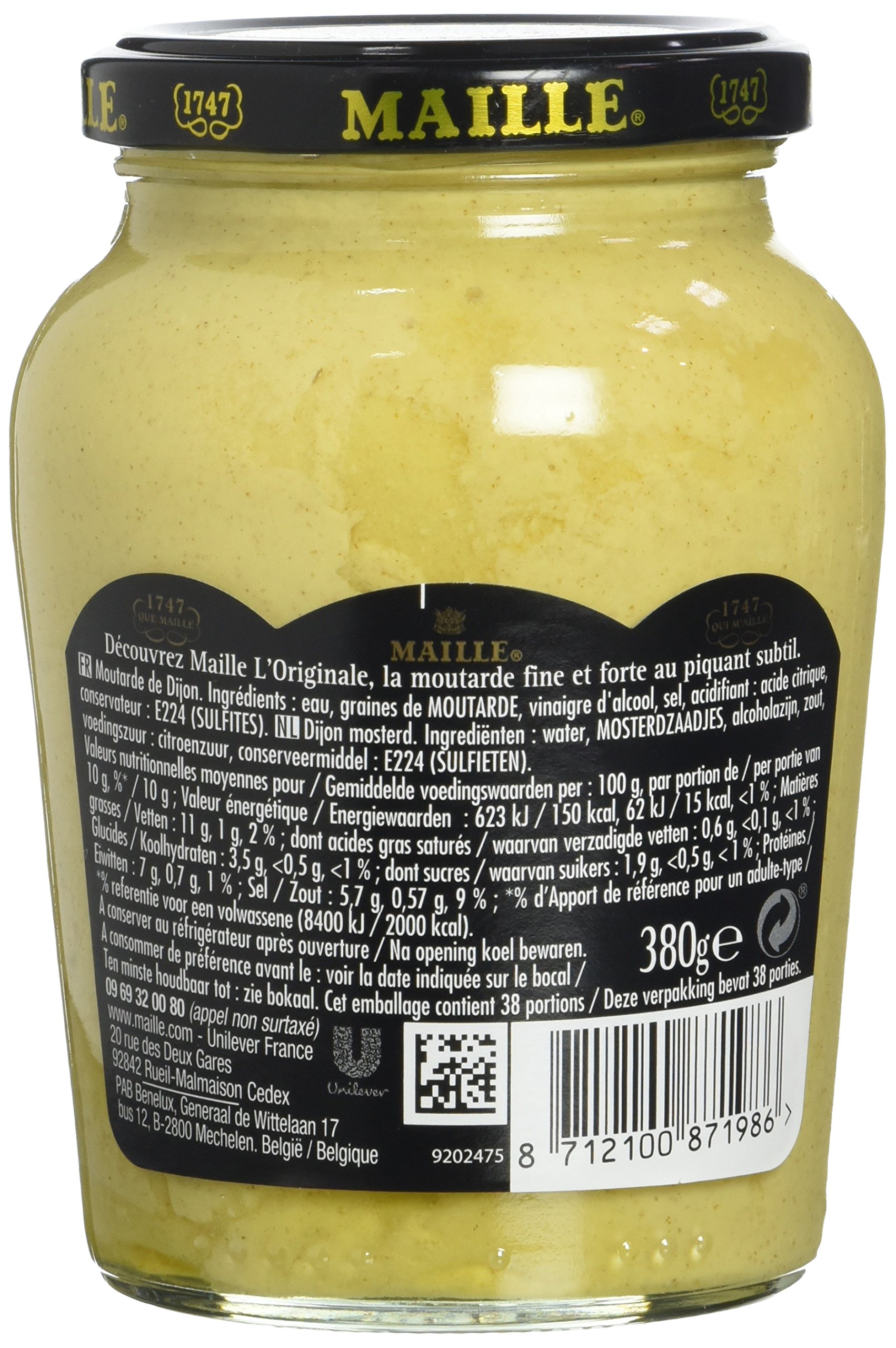 MAILLE Moutarde Fine de Dijon l'Originale Bocal 380 g - Lot de 4