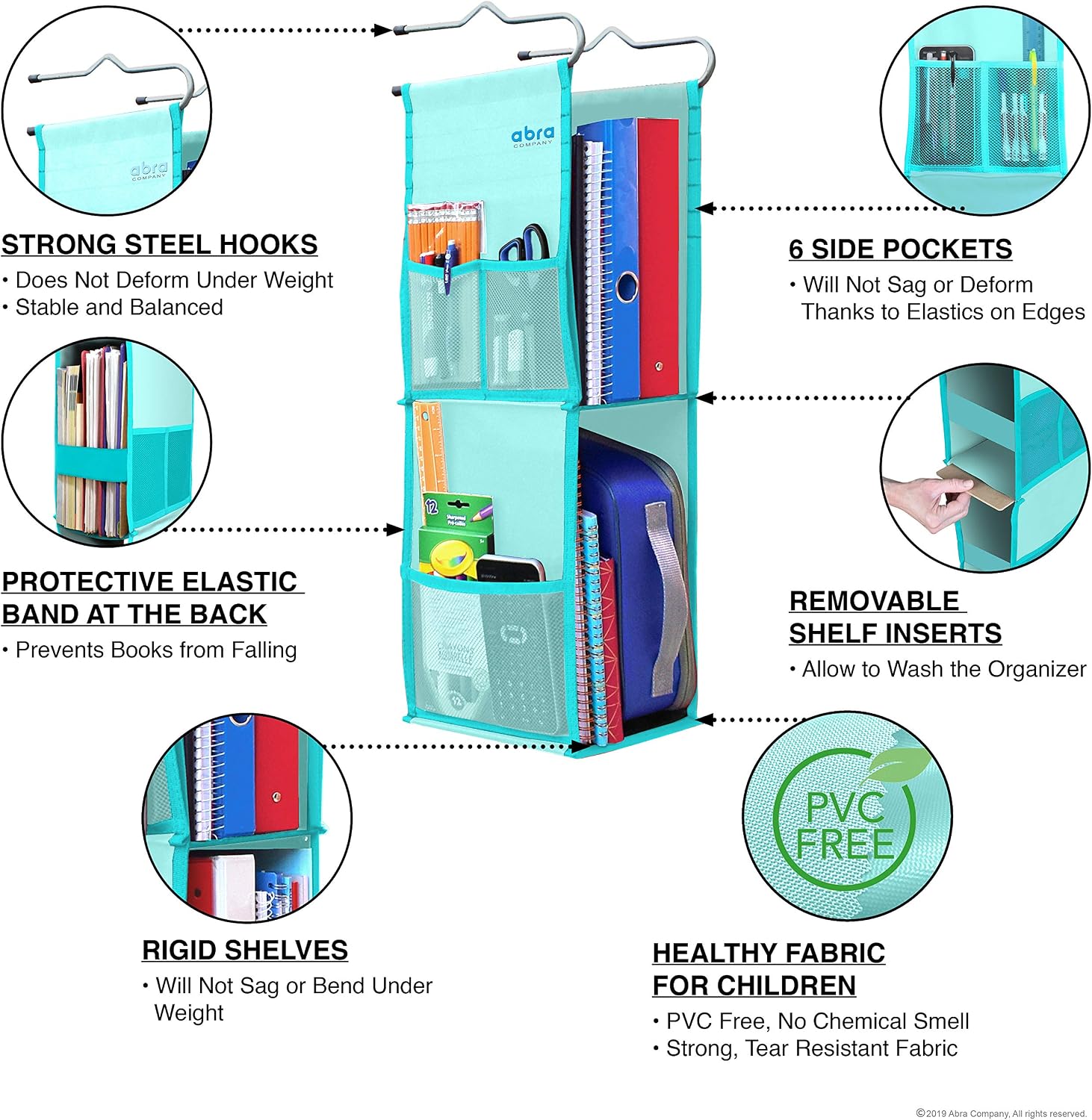 ABRA® 2 Shelf Hanging Locker Organizer for School, Work, Gym, Storage | Deep Shelves 6”x 9”| Eco-Friendly Fabric Healthy for Children (Ocean Turquoise)