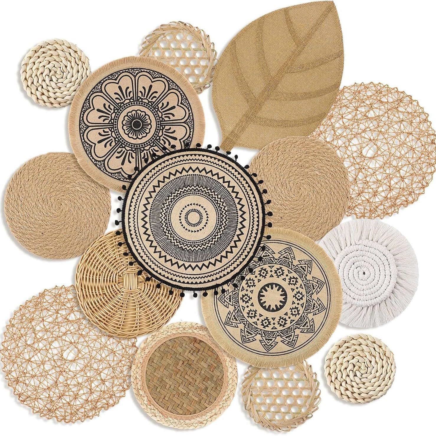 Xiyocadt Boho Wandkorb Dekoration, Hängende Rattan Geflechtkörbe, Rustikale Wandkunst Dekoration für Wohnzimmer, Schlafzimmer, Esszimmer (15A teiliges)