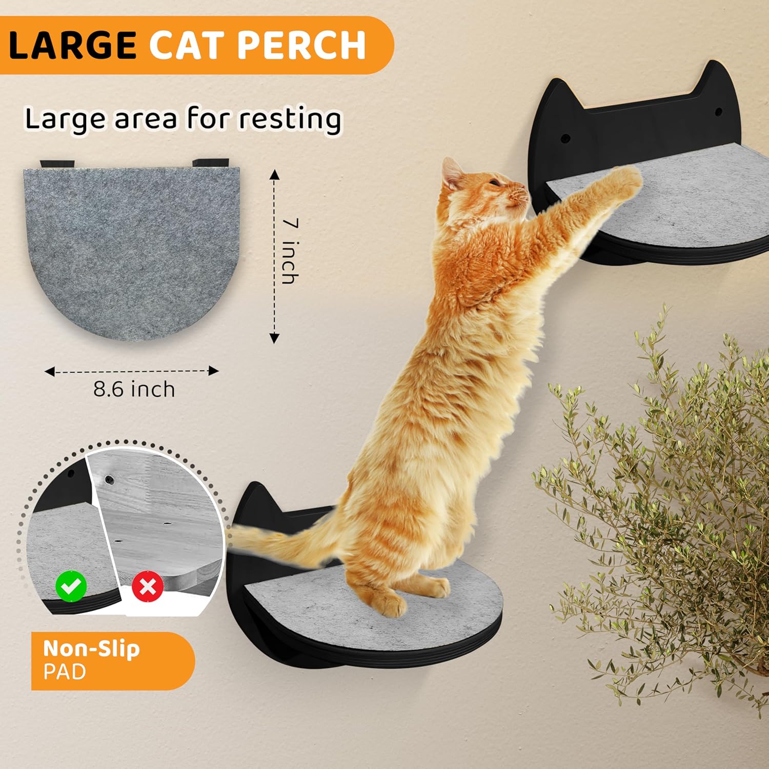 Cat Wall Shelves – 3 Steps Climbing Furniture & Perch for Indoor Cats up to 30lbs, Wooden Floating Shelf with Non-Slip Pad Bed, Modern Corner & Wall Mounted for Playing and Lounging - Black