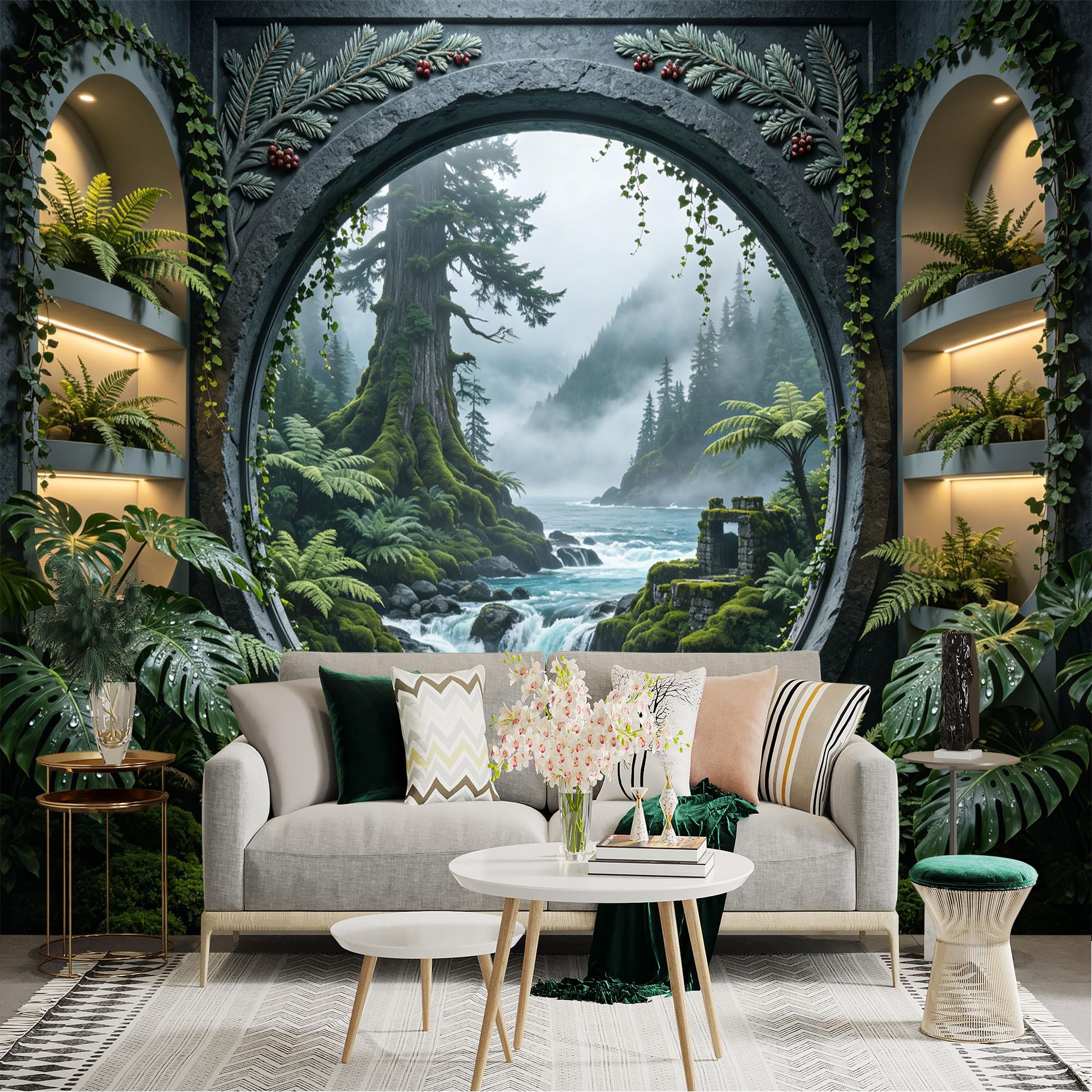 Custom Size Wall Sticker Mural， Lush Forest Waterfall with Misty Mountains and Green Plants， for wall Decoration， peelandstick wall Decals.