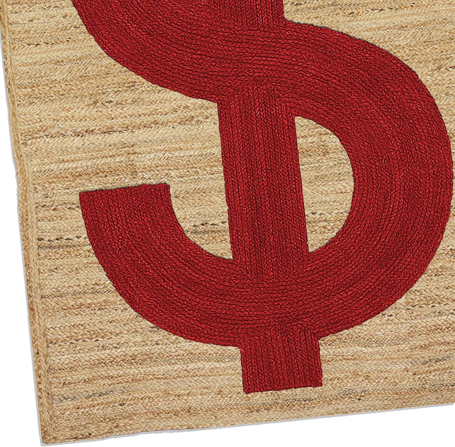 Hand Braided Jute 12x15 Kilim Flatweave Rug Thick 0.27" Red Dollar Sign Design Geometric Rustic Farmhouse Boho Carpet for Living Room, Office Decor, Durable Braided Jute Floor Rugs