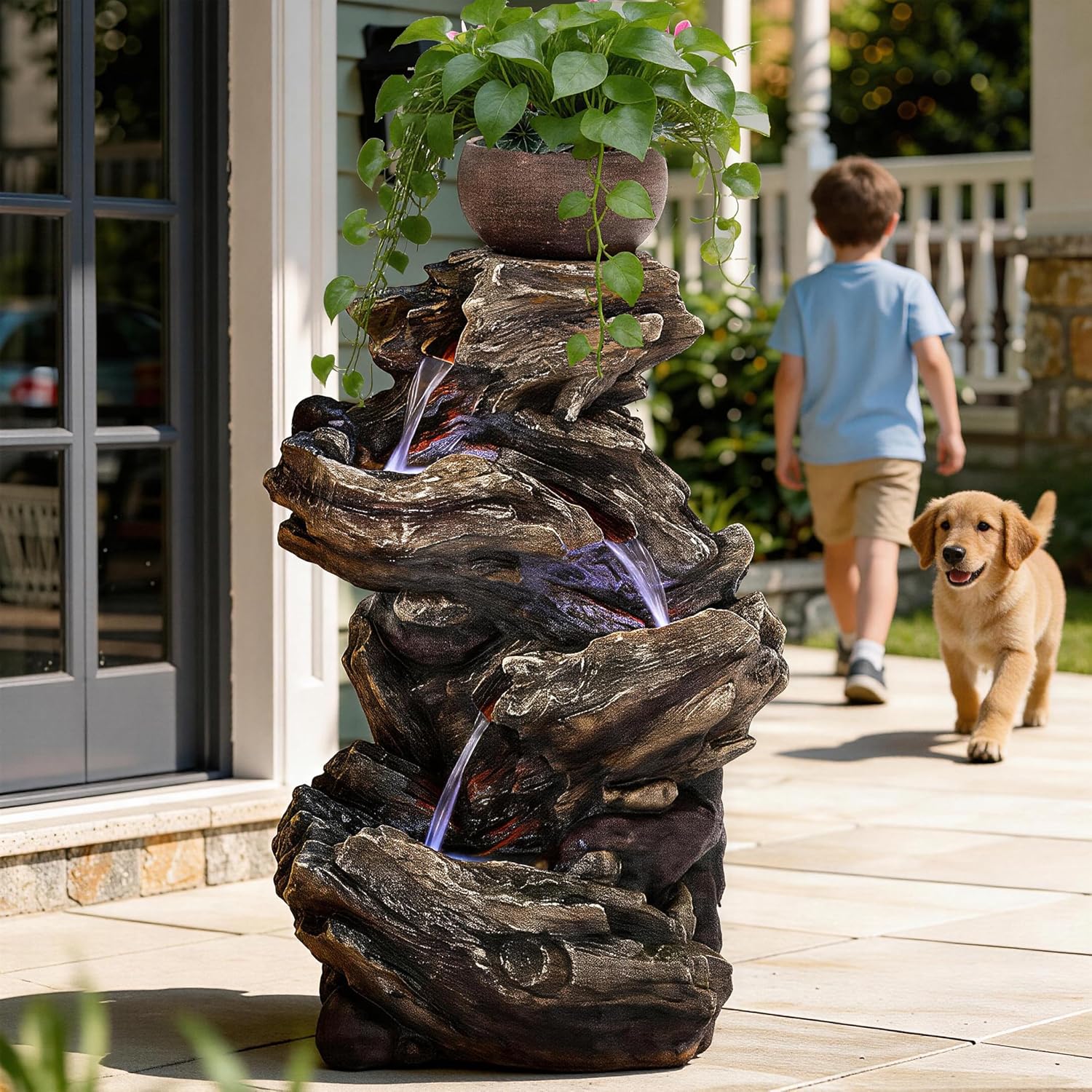 33" Rustic Tree Trunk Outdoor Water Fountain with Planters, Handcrafted 5-Tier Cascading Water Feature with Moss & LED Lights, Relaxing Tranquil Decor for Garden Yard Patio Porch
