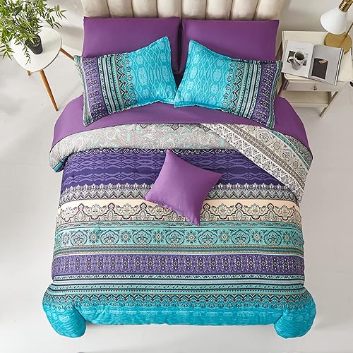 Miniatura 3 de Juego de edredón bohemio tamaño Queen de 8 piezas en una bolsa, juego de edredón de verano de cachemira azul y verde, juego de sábanas y sábanas de