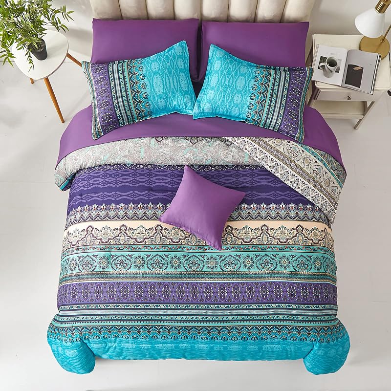 Cottolester Boho Comforter Set Queen Size 8 Piece Bed in a Bag Bohemian Striped Bedding Quilt Set Aqua Paisley Floral Comforter and Sheet Set,Soft Microfiber Complete Bedding Sets for All Season image 3