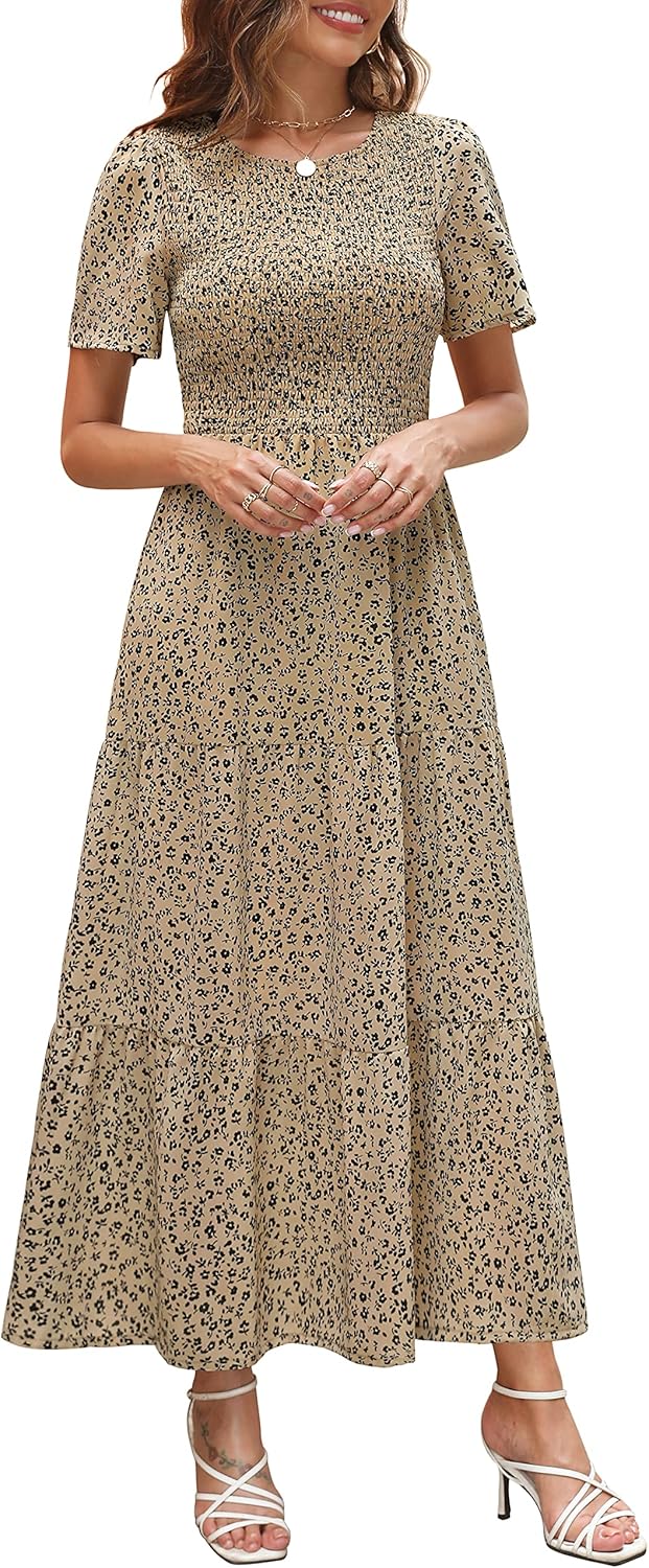Maggeer Womens 2026 Summer Spring Smocked Wedding Guest Maxi Dress Casual Short Sleeve Floral Boho Flowy Long Dress
