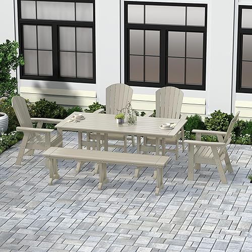Miniatura 13 de WestinTrends Dylan Adirondack - Juego de 6 mesas y sillas de comedor para exteriores para todo tipo de clima, mesa y sillas de patio de madera de