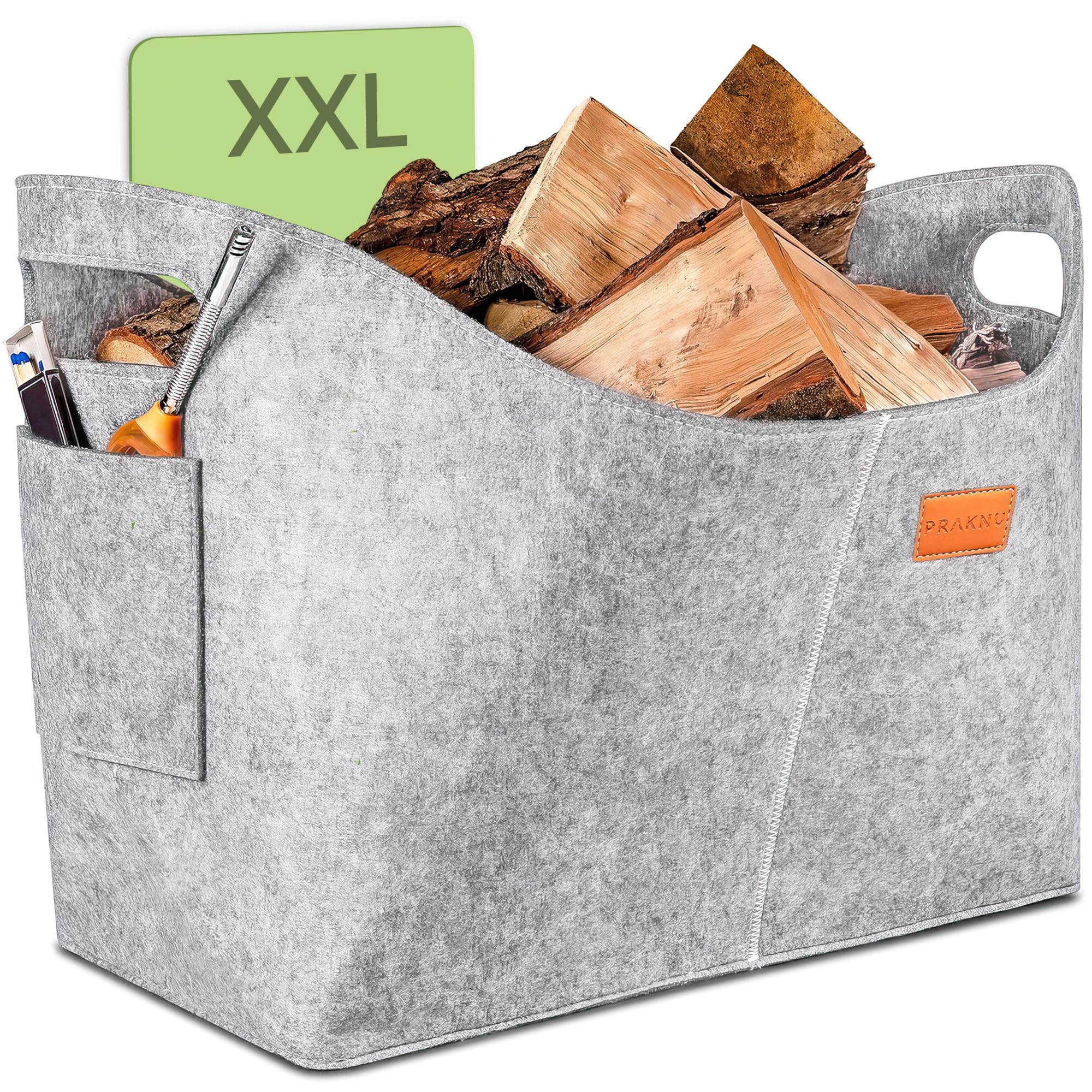 Praknu Cesto para Leña Interior - Grande - De Fieltro Reciclado - Con Asas de Transporte - Bolsa de Fieltro para Almacenar Leña de Chimenea y Más - Gris