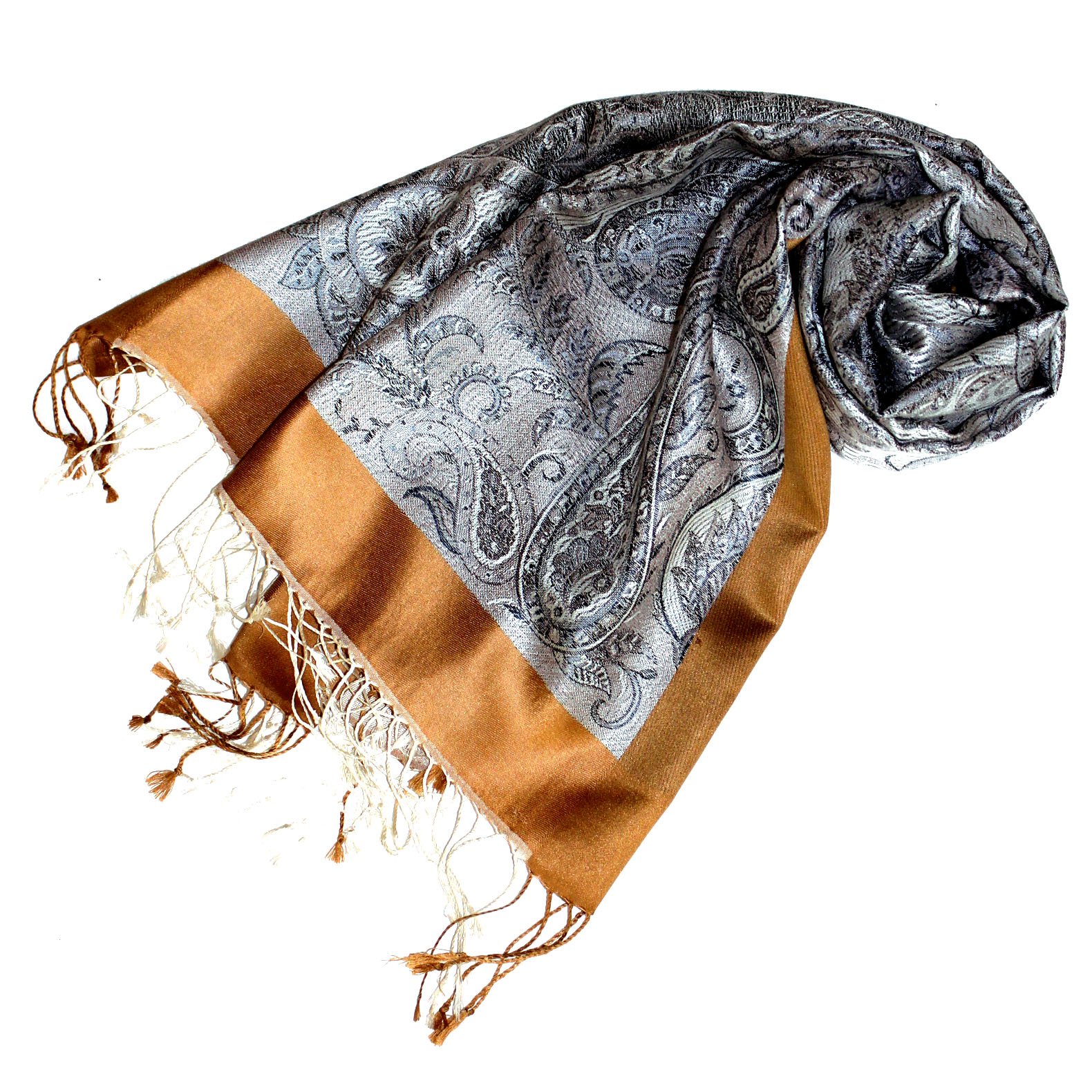 Lorenzo Cana - Sciarpa da uomo in tessuto jacquard, 100% seta, prodotto di lusso, 55 cm x 180 cm, motivo Pasley, sciarpa di seta, armonica, colori: grigio / dorato, alla moda