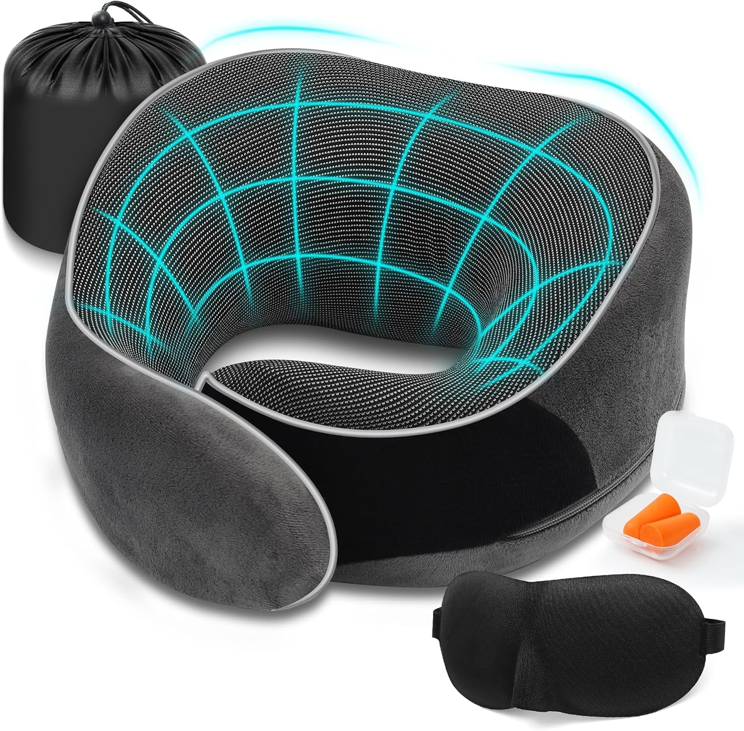 Ergonomic Memory Foam Travel Pillow – Neck Support Pillow with Side Support and Sleep Kit – Adjustable and Compact Travel Pillow – Ideal for Long Flights and Telework (Grey)