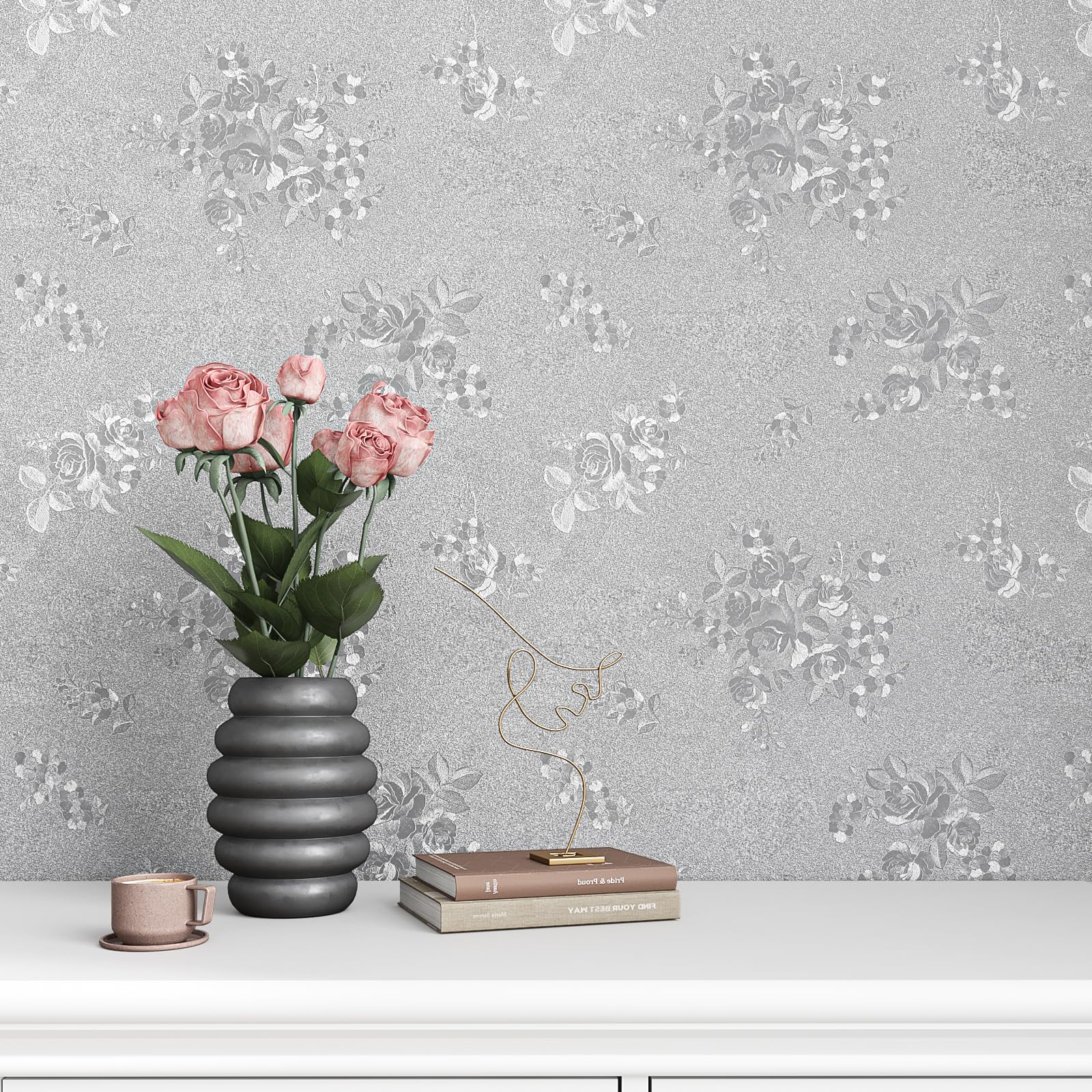 VEELIKE Vintage Silver Grey Wallpaper Textured Rose Contact Paper Embossed Floral Wallpaper Patterned Sticky Back Plastic Grey Vinyl Wrap for Furniture Sticker Removable Bedroom Hallway 40cm×300cm - Image 2