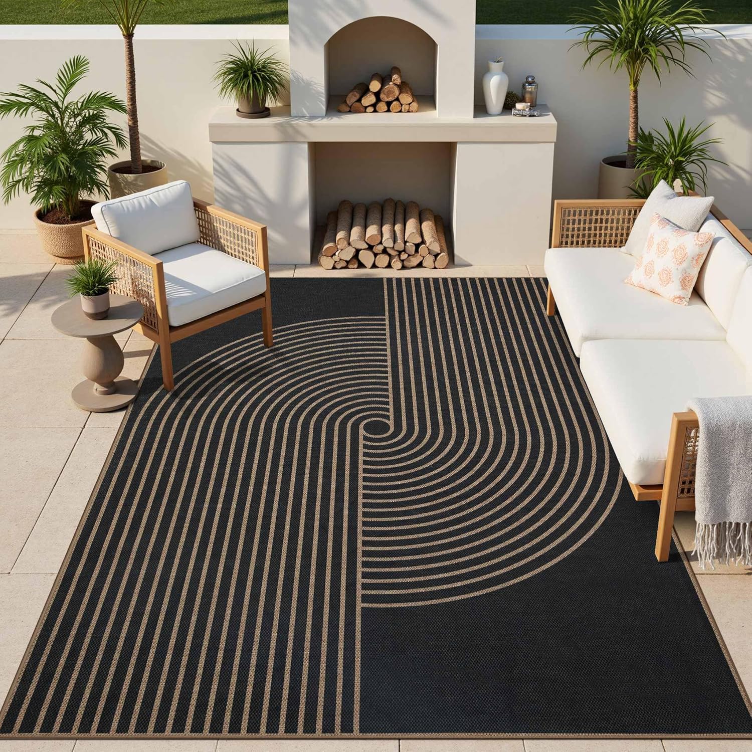 Latte&Fog Modern Easy Jute 5x7 Area Rugs, Washable Outdoor Patio Rug for Living Room, Black and Brown Contemporary Non Slip Natural Indoor Carpet for Bedroom Backyard Office Dining Room