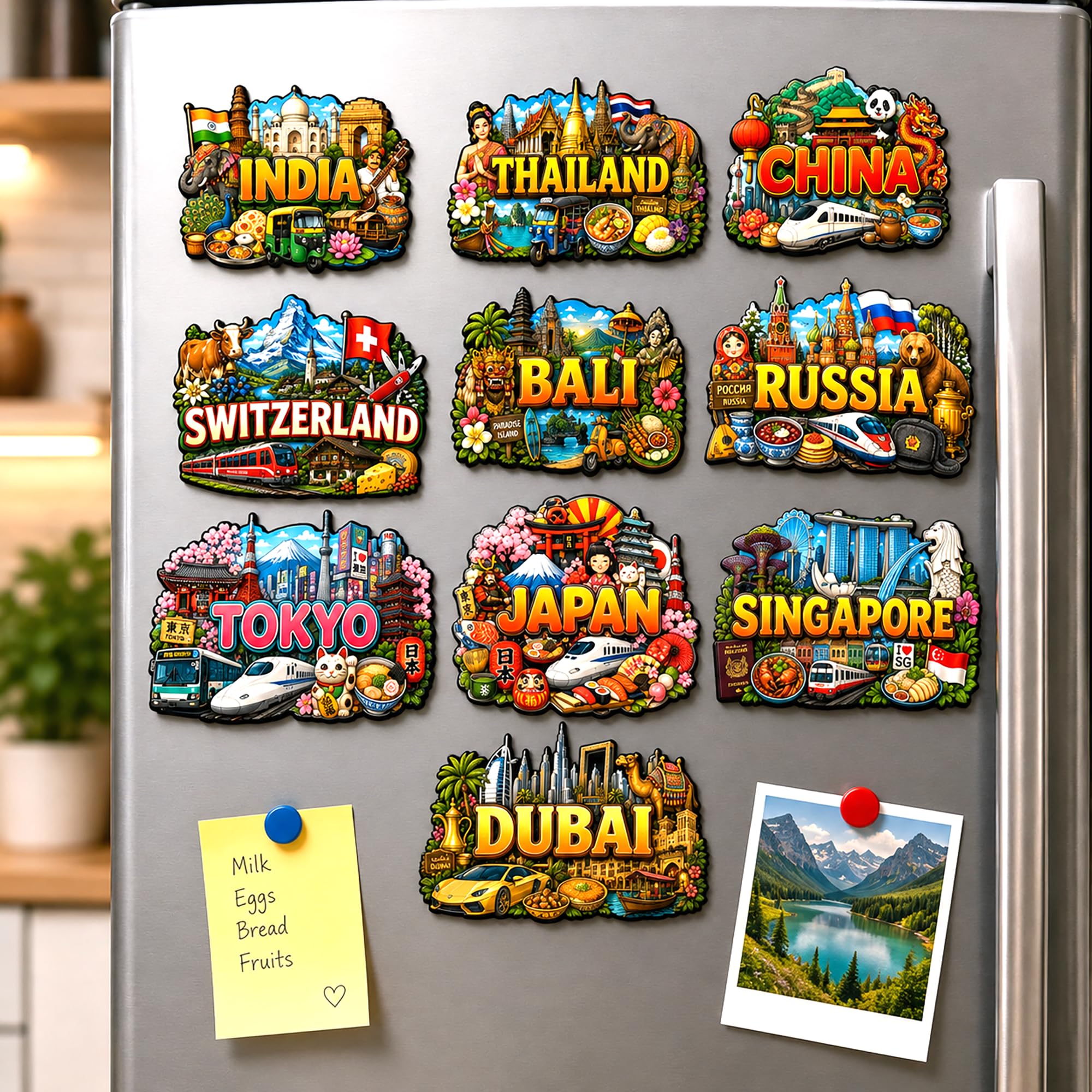 Regalo Casila Travel Fridge Magnets Set of 10 Country Souvenir Refrigerator Magnets India Thailand China Switzerland Bali Russia Tokyo Japan Singapore Dubai Strong Decorative Magnets for Fridge Decor-image-26
