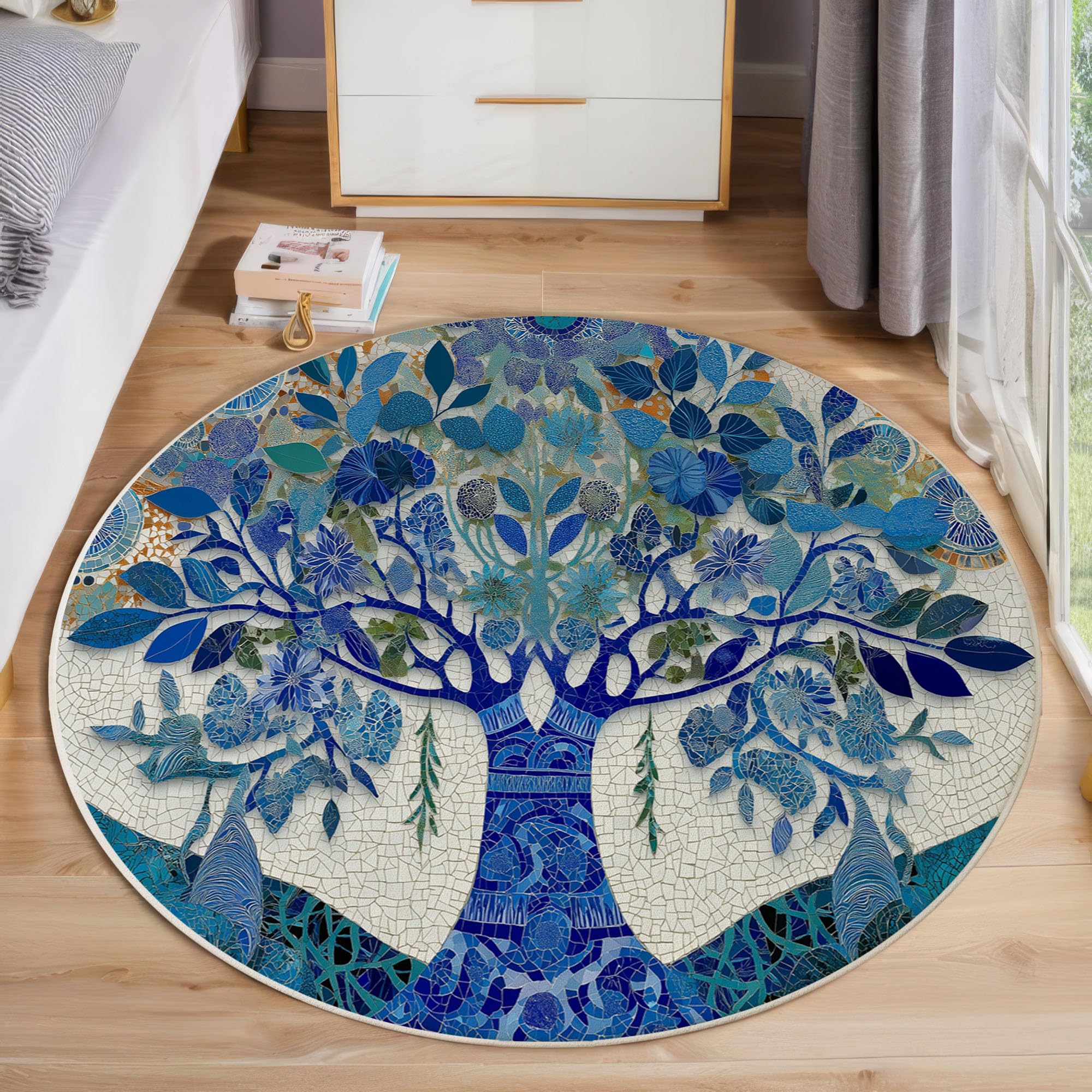 Tapis rond bleu marine 200 cm à motif arbre 3D lavable pour salon