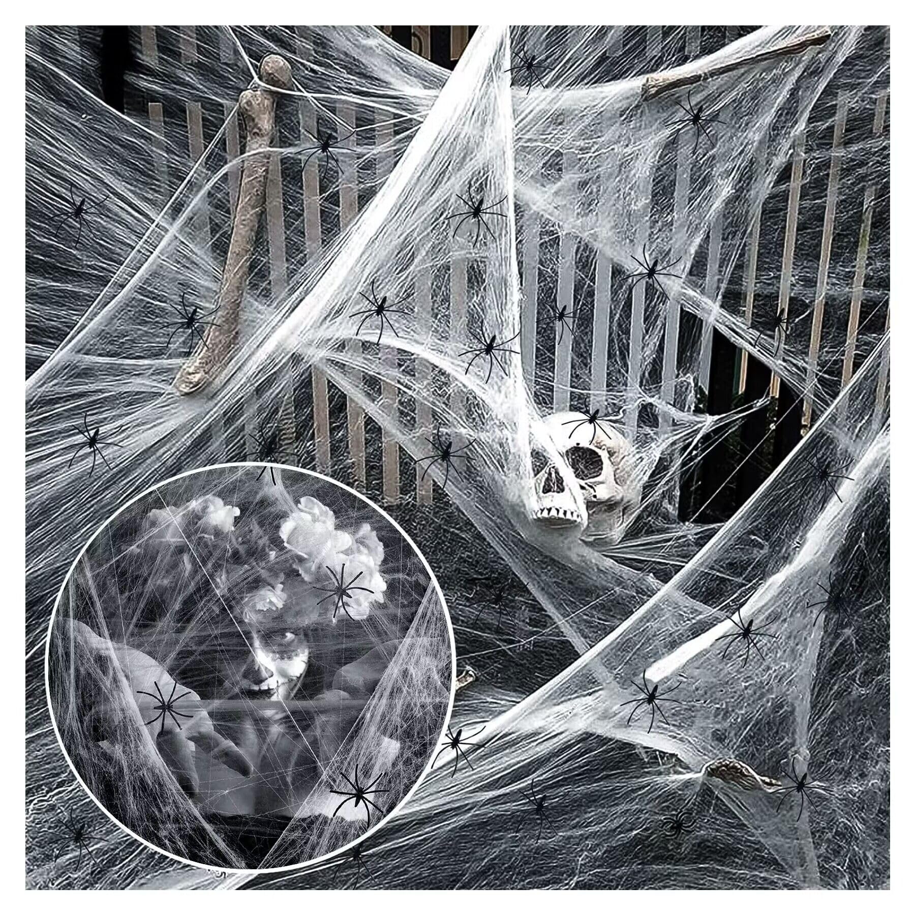Telarañas Decorativas De Halloween,Tela De Araña Elástica 100g con 30 Arañas Falsas para Halloween Decoración Interior Y Exterior