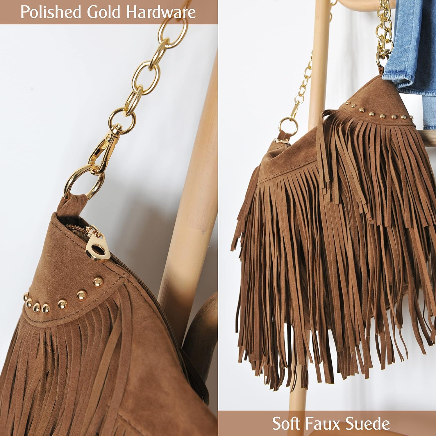 HOXIS Studded Tassel Faux Suede Leather Hobo Cross Body Chain Shoulder Bag Women’s Satchel