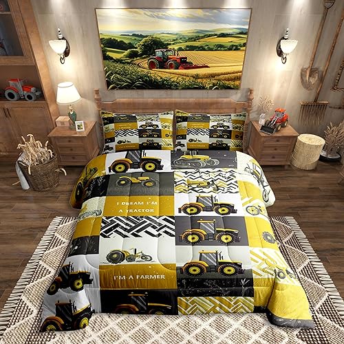Erosebridal Yellow Cartoon Car Comforter Set Farm Truck Tractor Bedding Set Full