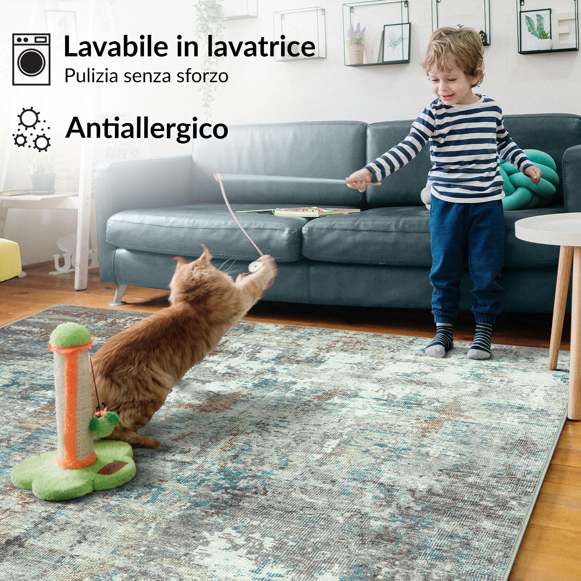 artyrugs Tappeto Lavabile in Lavatrice, 152x213cm, 75% Cotone Riciclato, Pelo Corto, Fondo Antiscivolo, Tappeti per Soggiorno, Camera da Letto, Cucina, Corridoio, Ufficio, Turchese Scuro & Marrone