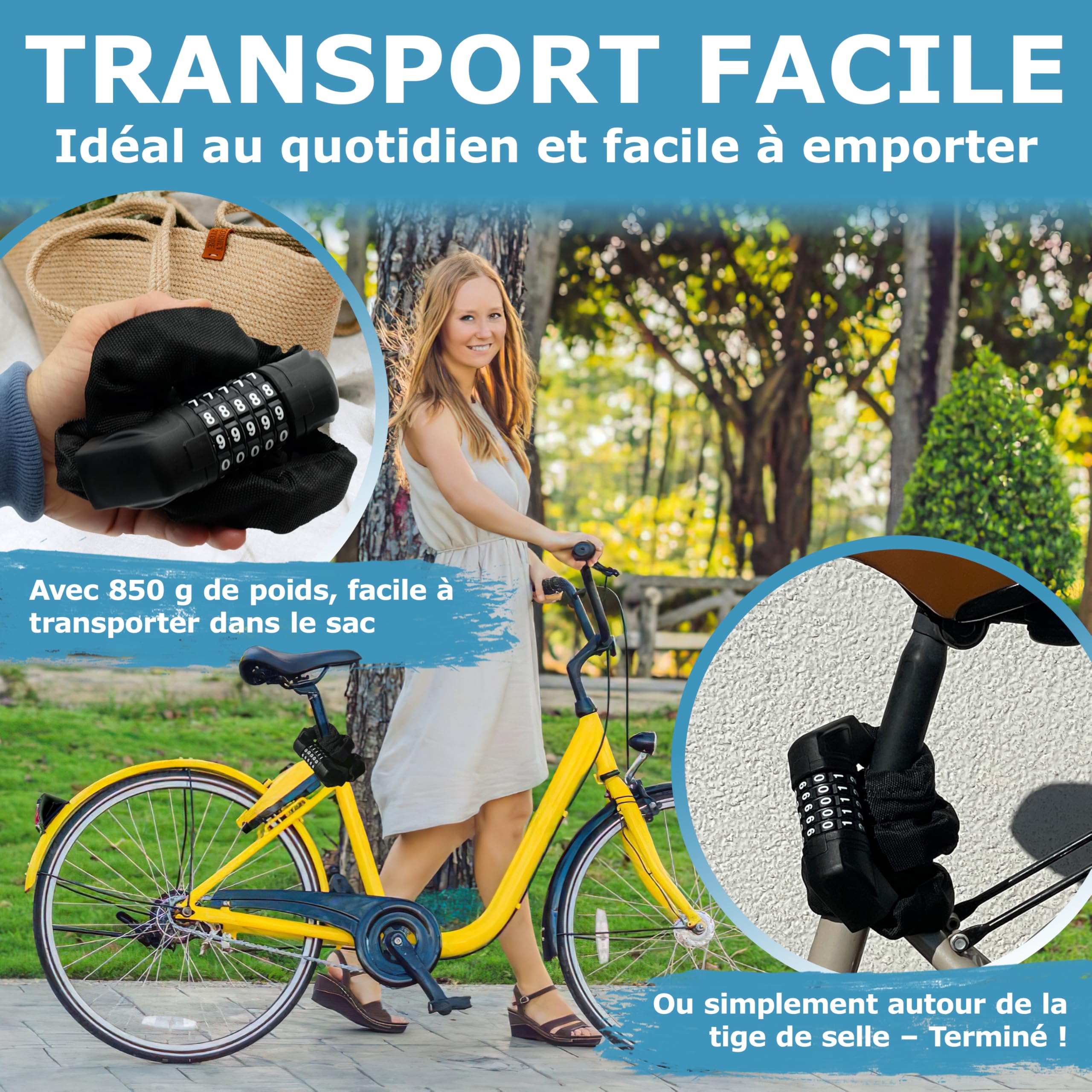 WIDDER antivol à combinaison vélo [5 chiffres, 850 g] antivol à code