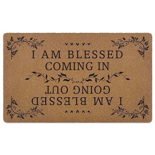 XLDLIOO Farmhouse Christian Door Mat, I Am Blessed Coming in Going Out Welcome Front Door Mat Indoor Outdoor Entrance, Bible Verse Artificial Coir Doormats Rugs for Porch Patio Entryway Decor 30x17in - Coming