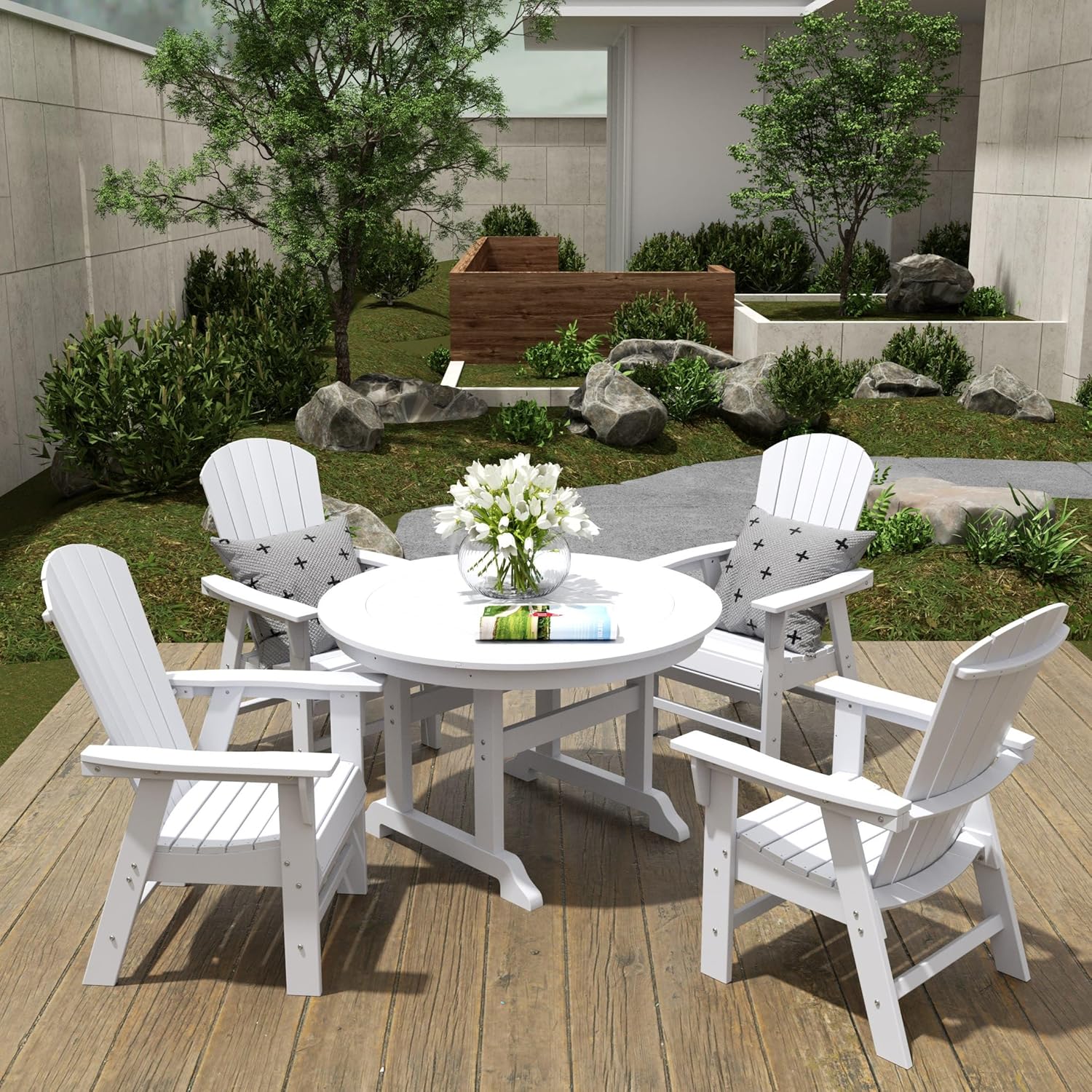 WestinTrends Dylan Adirondack Outdoor Dining Set for 4, All Weather Poly Lumber Patio Table and Chairs Set of 4, 47" Trestle Round Dining Table and Seashell Adirondack Dining Chair, White