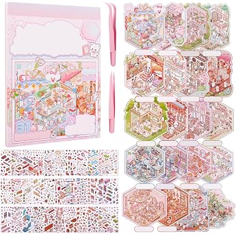 20 Sets of Stickers Scene 3D, Miniature House Stickers with 2 Tweezers DIY Cozy Little Home House Scene Miniature Scene Stick