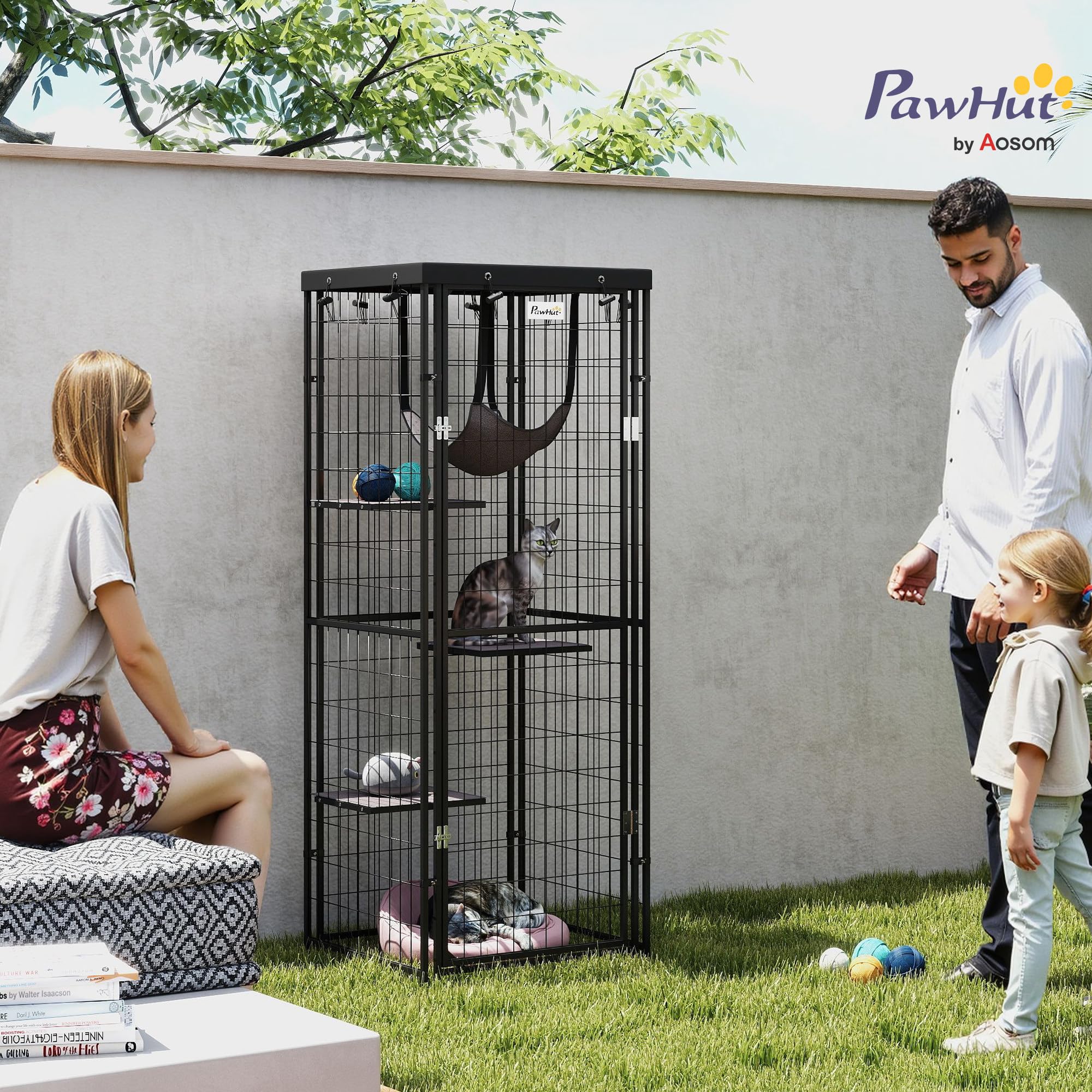 PawHut Jaula para Gatos para Exterior e Interior Recinto para Gatos con Cubierta Impermeable 3 Plataformas Hamaca Cojines y Puerta 61,5x55x157 cm Negro
