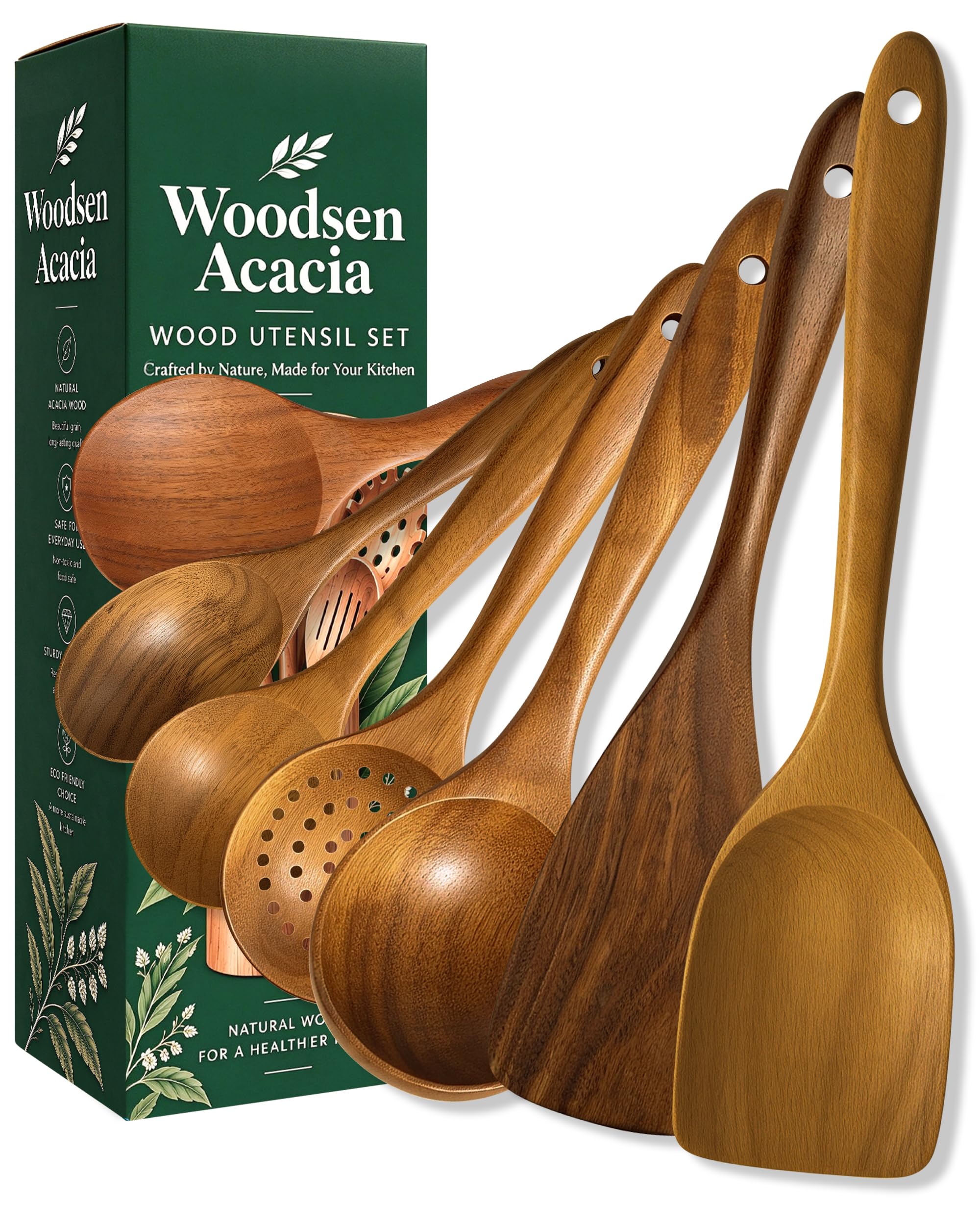 Wood Utensil Set, 7-Piece Acacia Wood Cooking Utensils, Thickened Design, Heat Resistant, Warp Resistant, Ergonomic Handles with Hanging Holes, Nonstick Cookware Friendly (7 PCS)