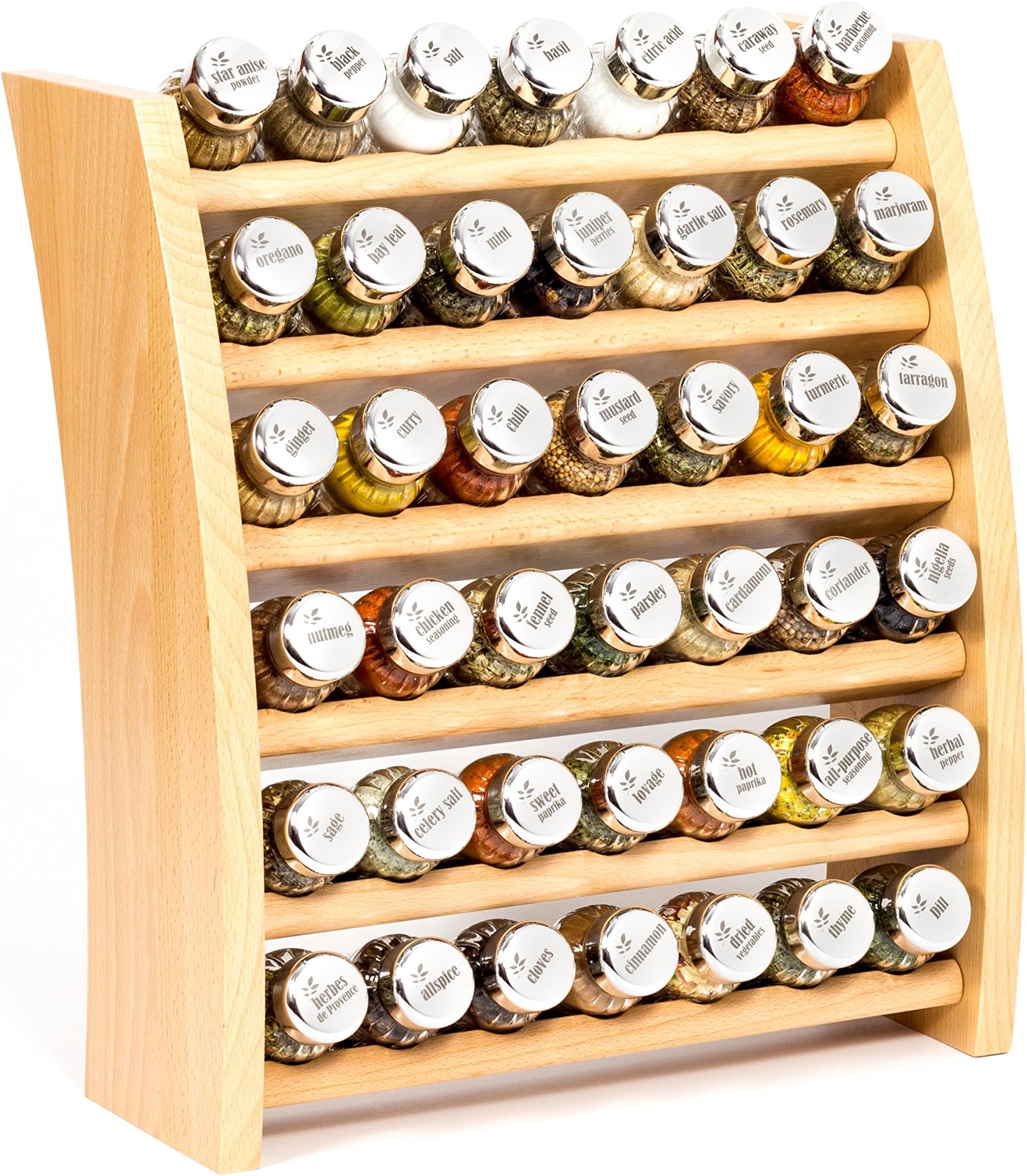 Wooden Kitchen Spice Rack Filled with Herbs and Spices, 42 Jars, Gald - 42F 7x6 Natural Glossy
